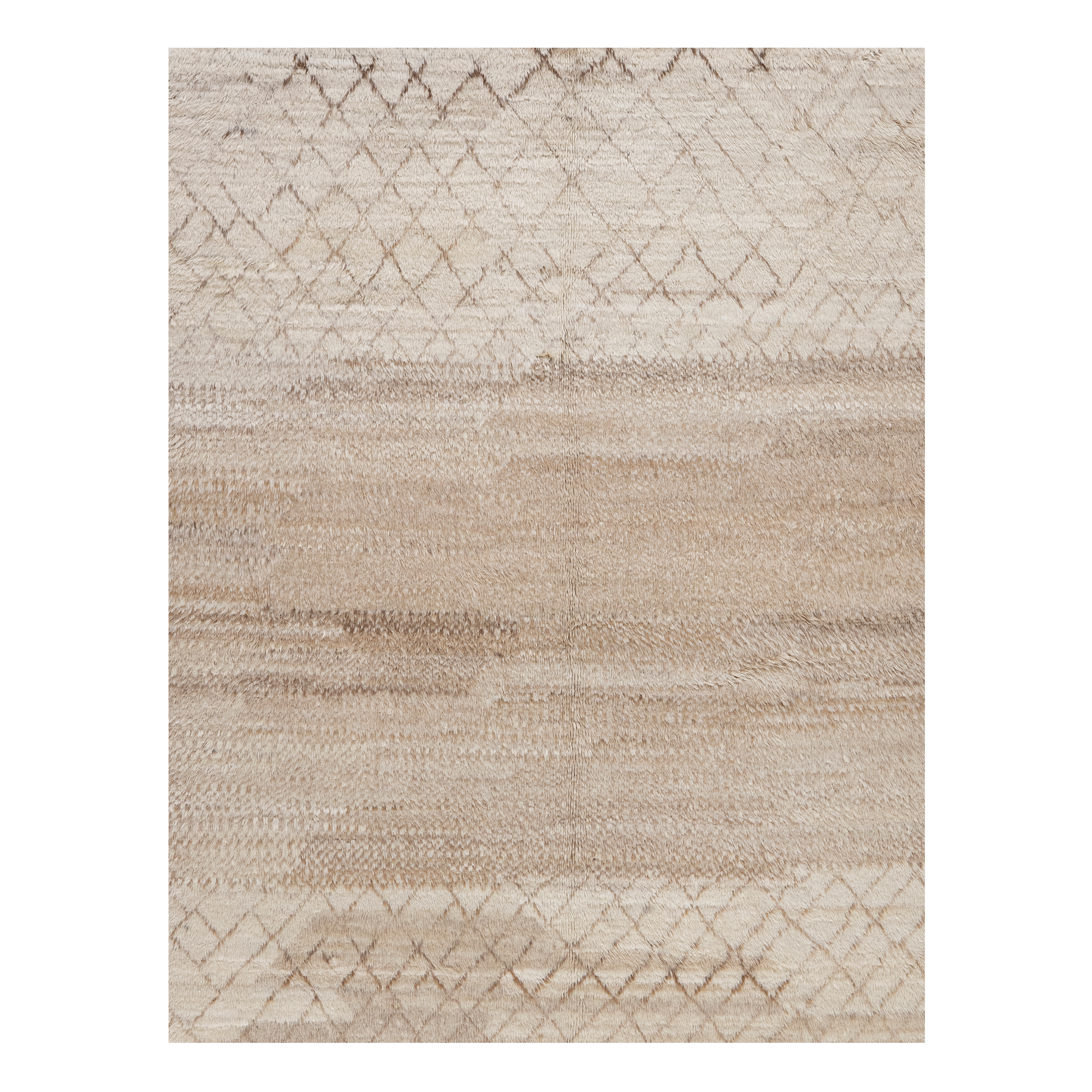 Strata custom hand knotted Moroccan carpet with organic diamond pattern in ivory oatmeal sand and warm beige tones by Nasiricarpets