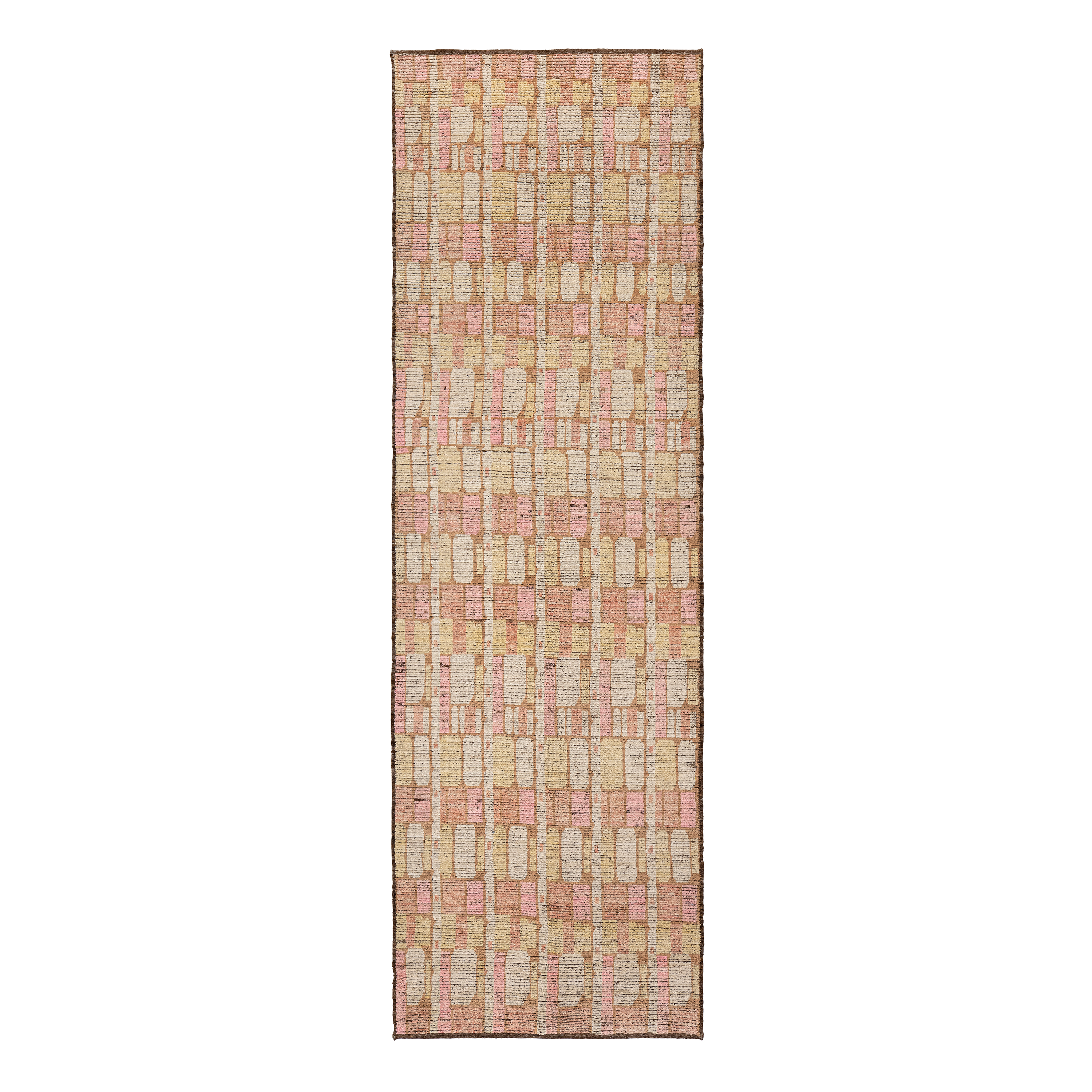 Poudre custom hand knotted contemporary carpet featuring a geometric pattern in blush ivory champagne and warm beige tones by Nasiricarpets