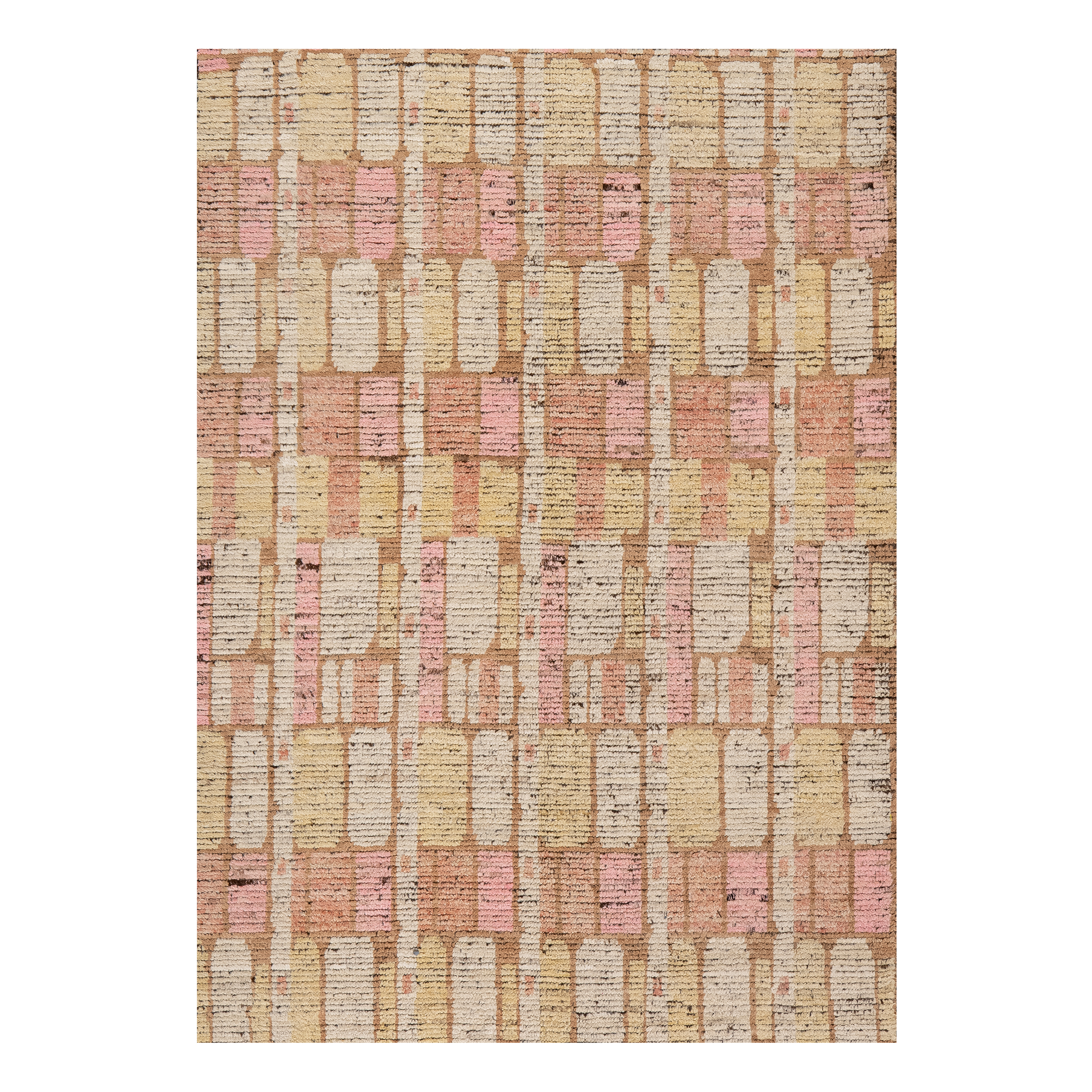 Poudre custom hand knotted contemporary carpet featuring a geometric pattern in blush ivory champagne and warm beige tones by Nasiricarpets