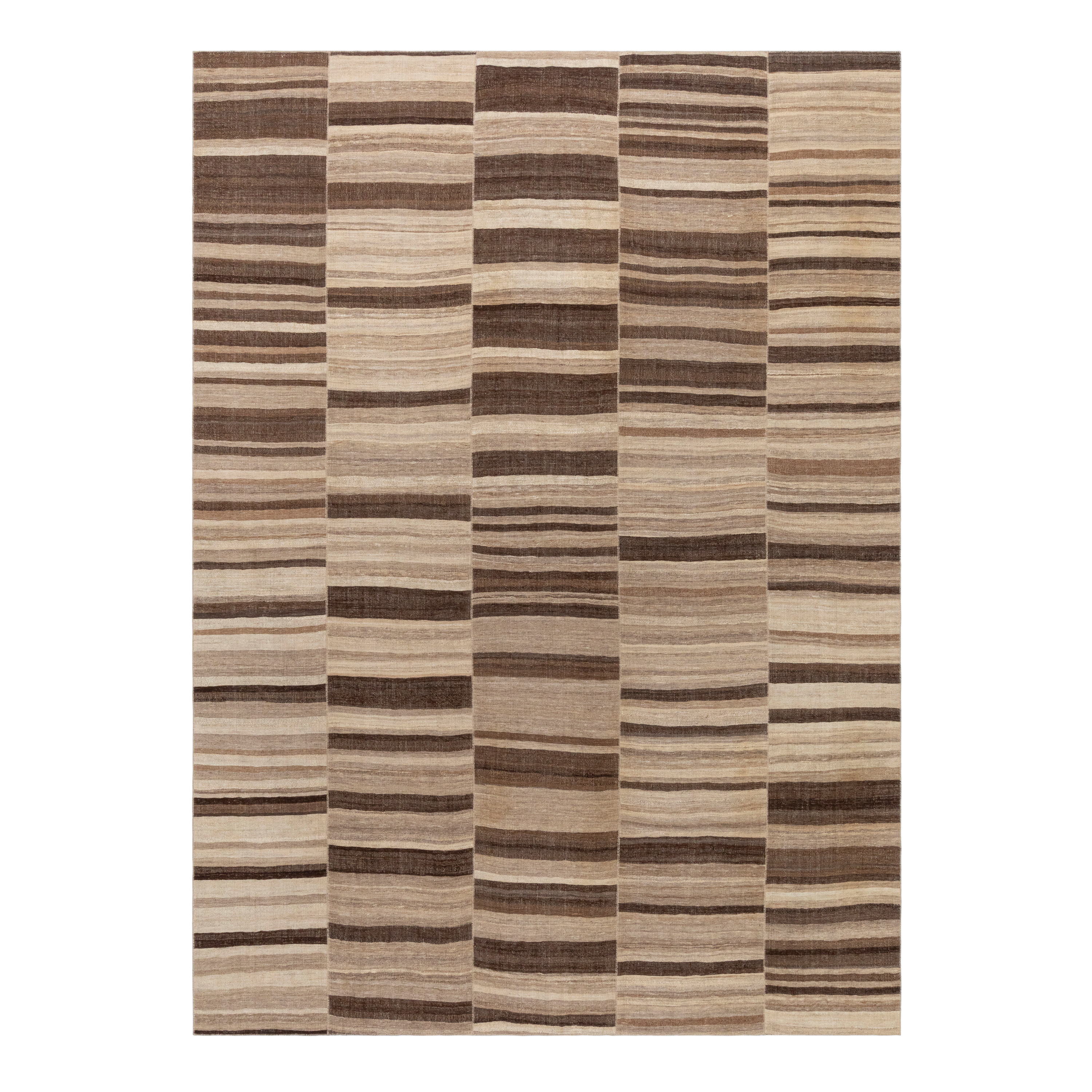 Mazandaran custom hand woven flat weave in brown tones with layered stripe design by Nasiricarpets