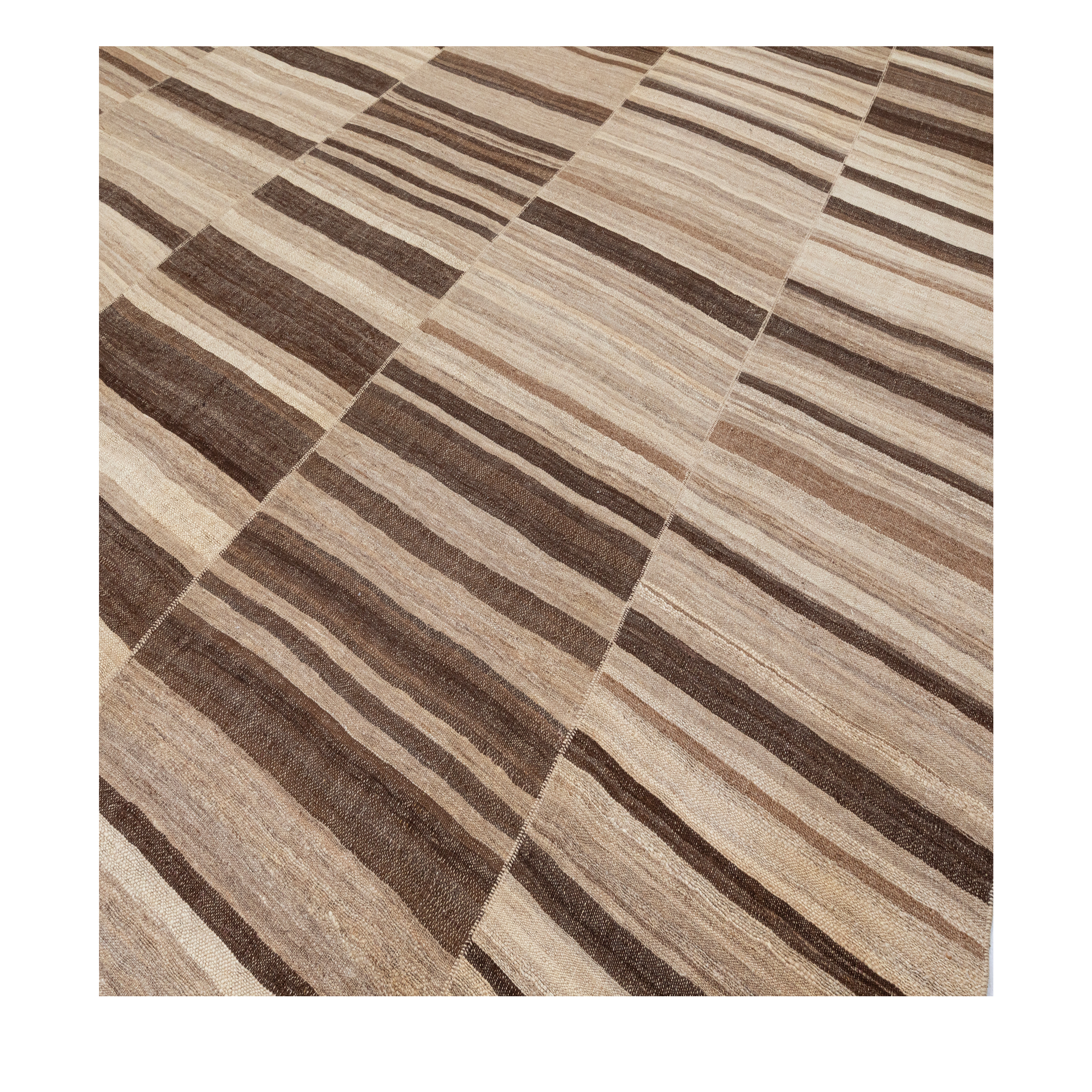 Mazandaran custom hand woven flat weave in brown tones with layered stripe design by Nasiricarpets