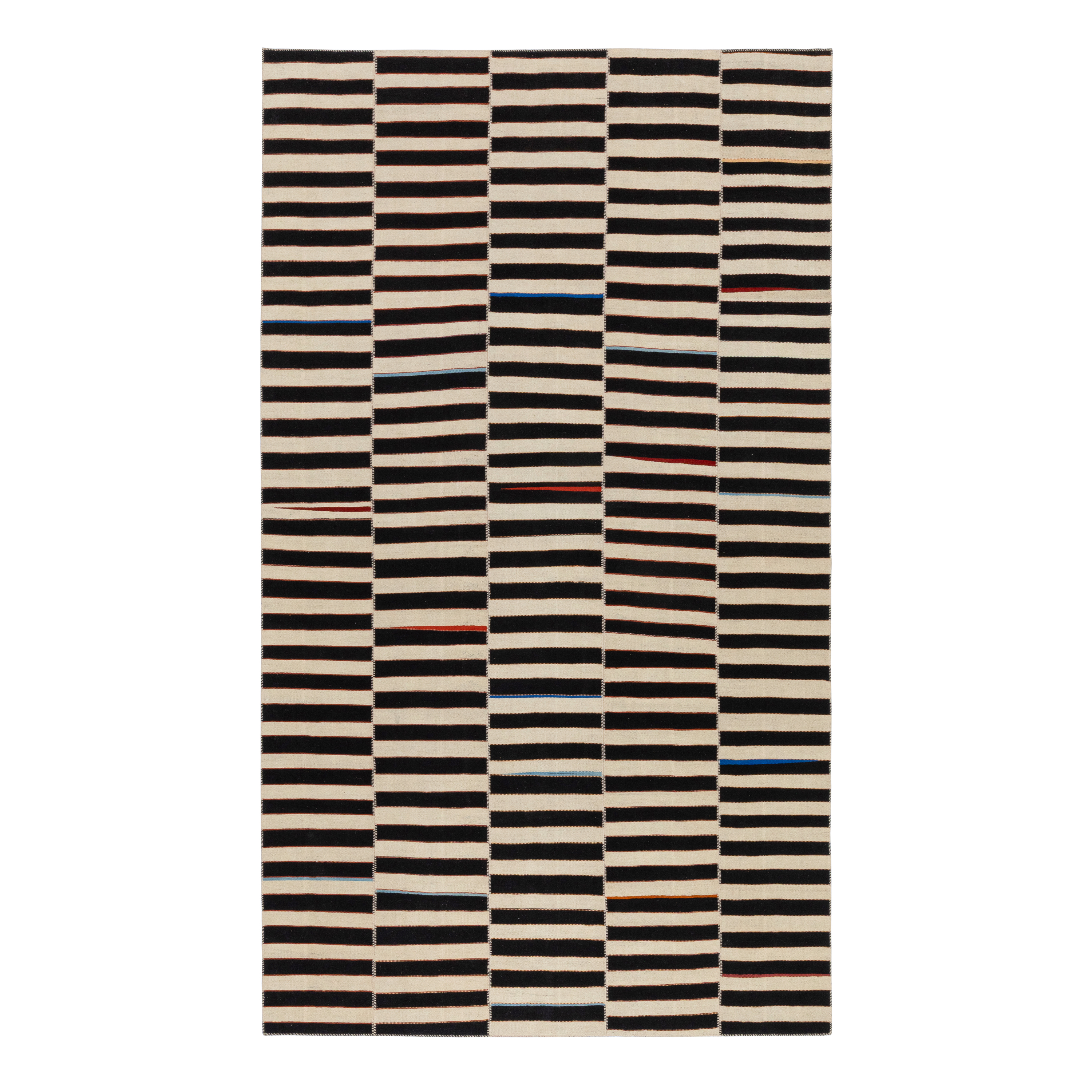 Mazandaran custom hand woven flat weave in Black & Beige with bold striped design by Nasiricarpets