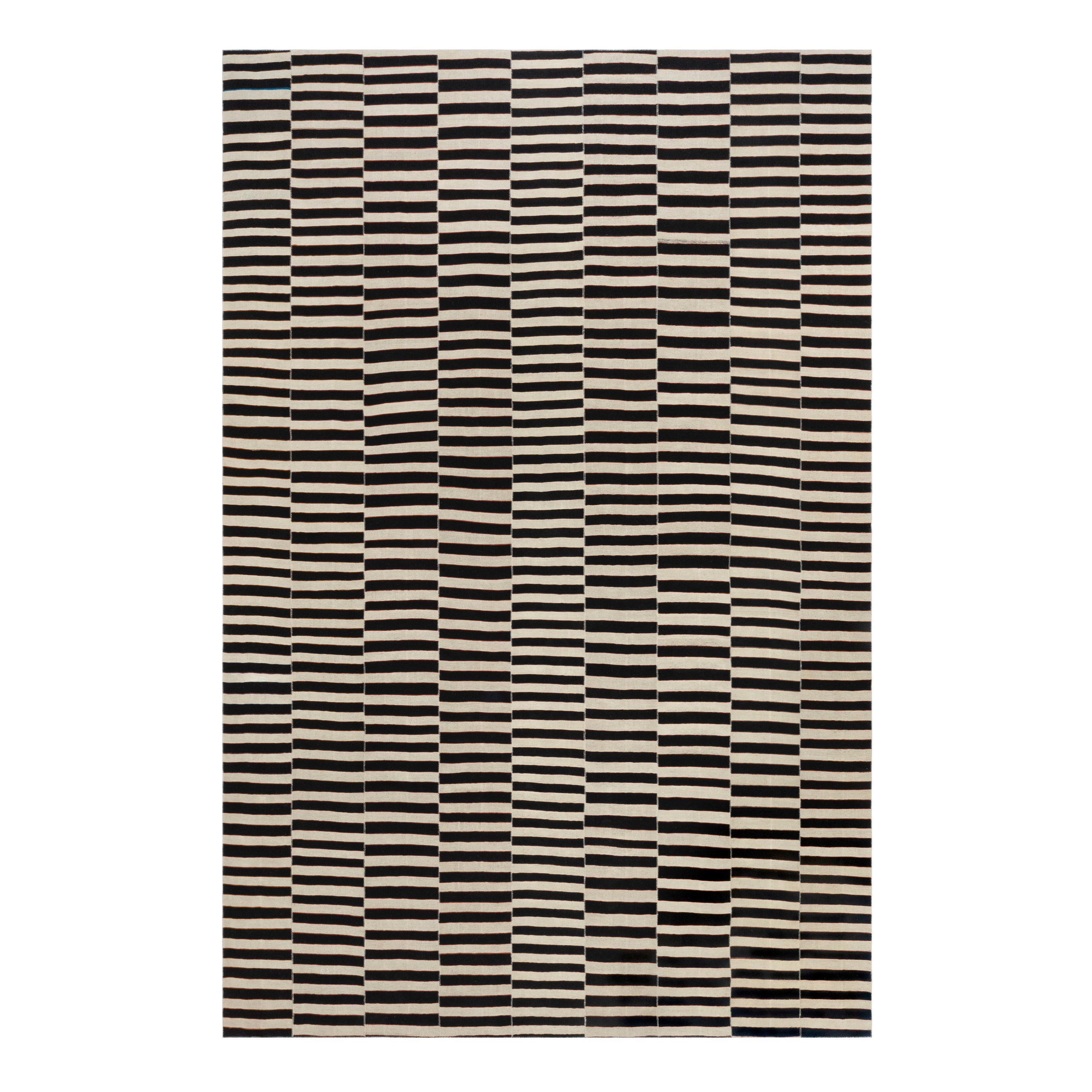 Mazandaran custom hand woven flat weave in Black & Beige with contemporary striped design by Nasiricarpets