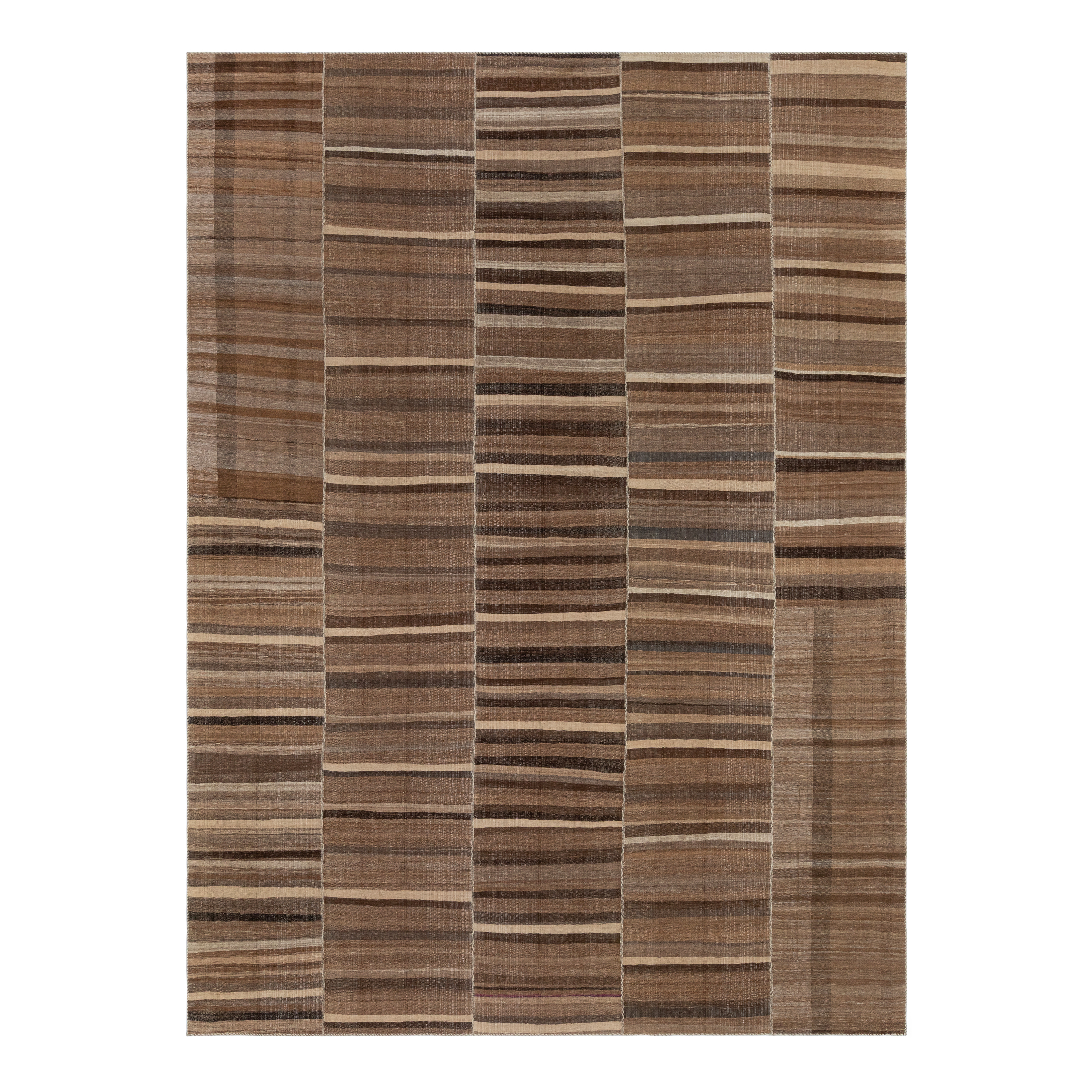 Mazandaran custom hand woven flat weave in Brown with layered striped design by Nasiricarpets