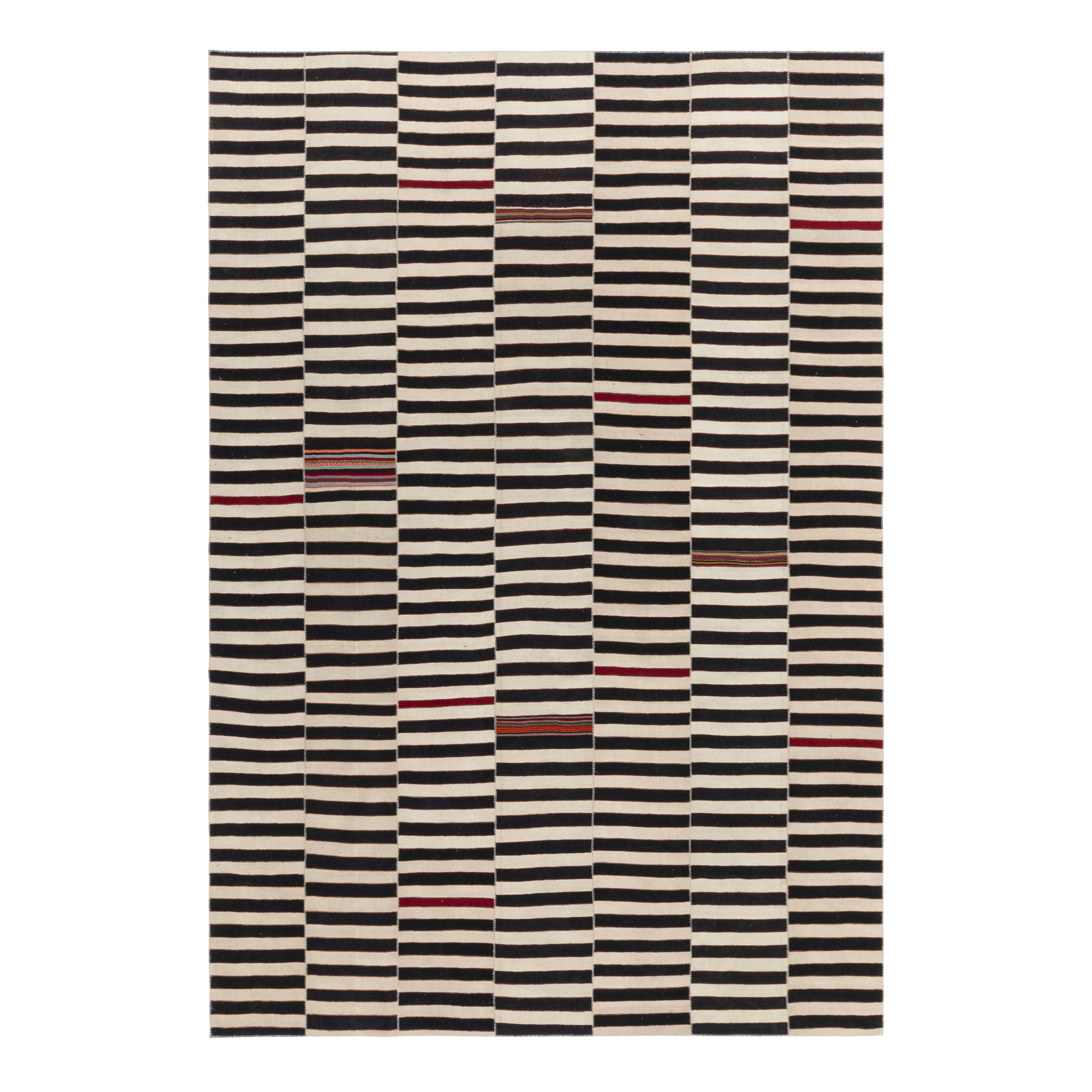 Mazandaran custom hand woven flat weave in Black & Beige with contemporary striped design and artisan accents by Nasiricarpets