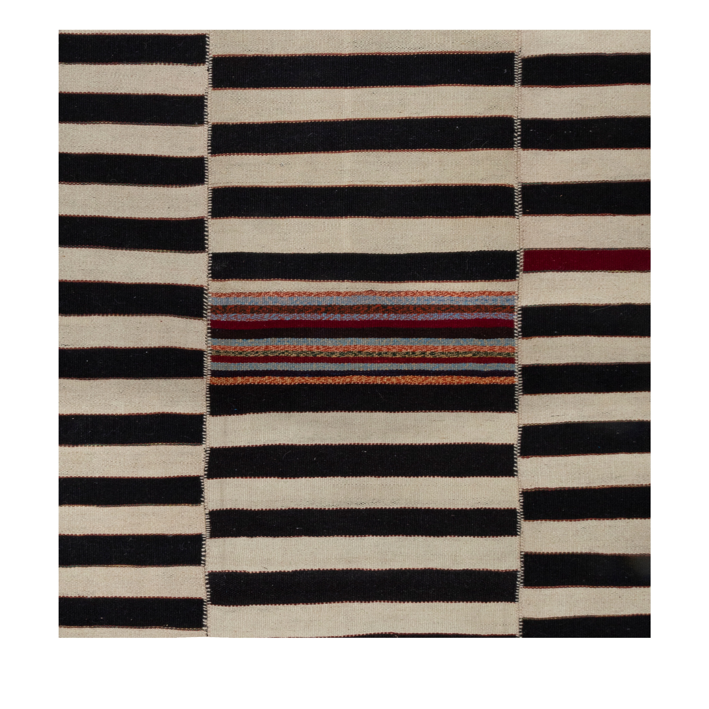 Mazandaran custom hand woven flat weave in Black & Beige with contemporary striped design and artisan accents by Nasiricarpets