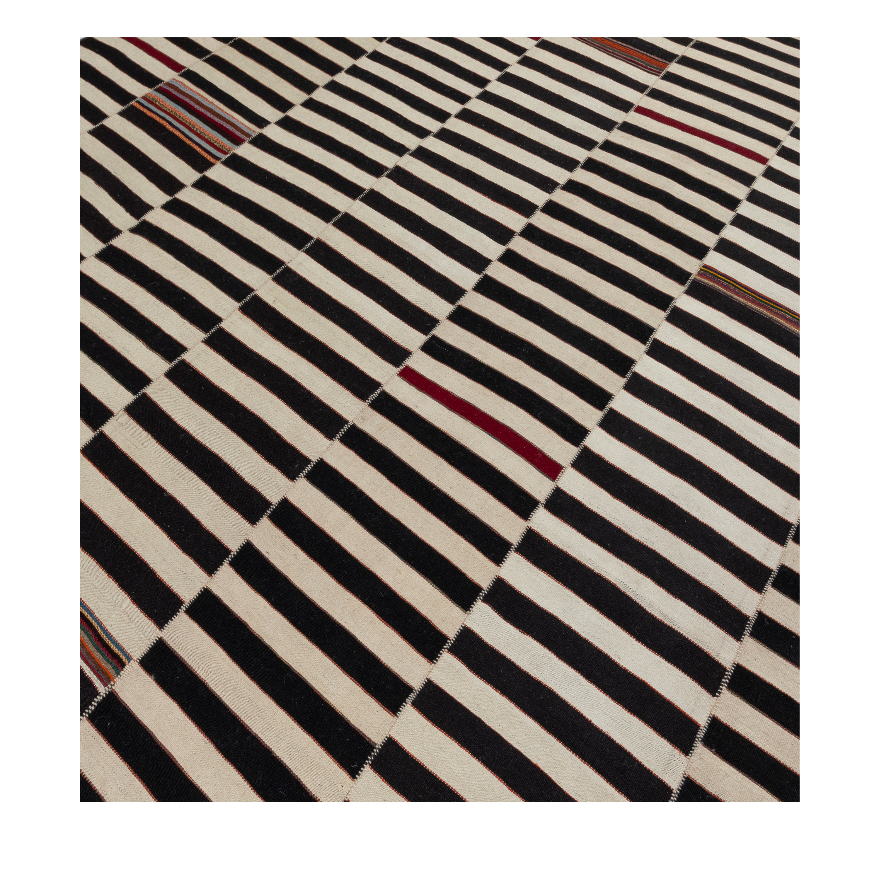 Mazandaran custom hand woven flat weave in Black & Beige with contemporary striped design and artisan accents by Nasiricarpets