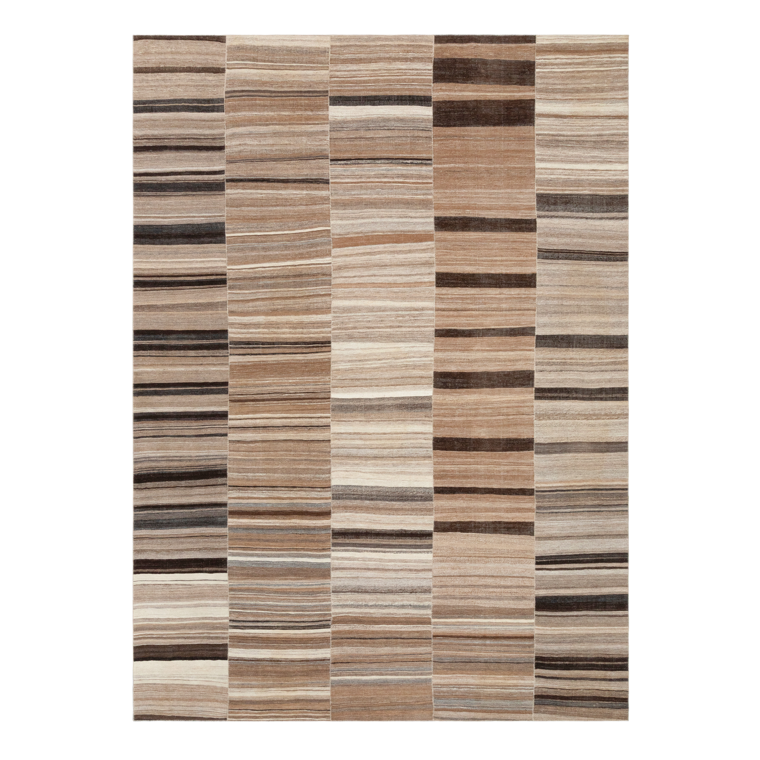 Mazandaran custom hand woven flat weave in Brown with layered neutral stripes and contemporary design by Nasiricarpets