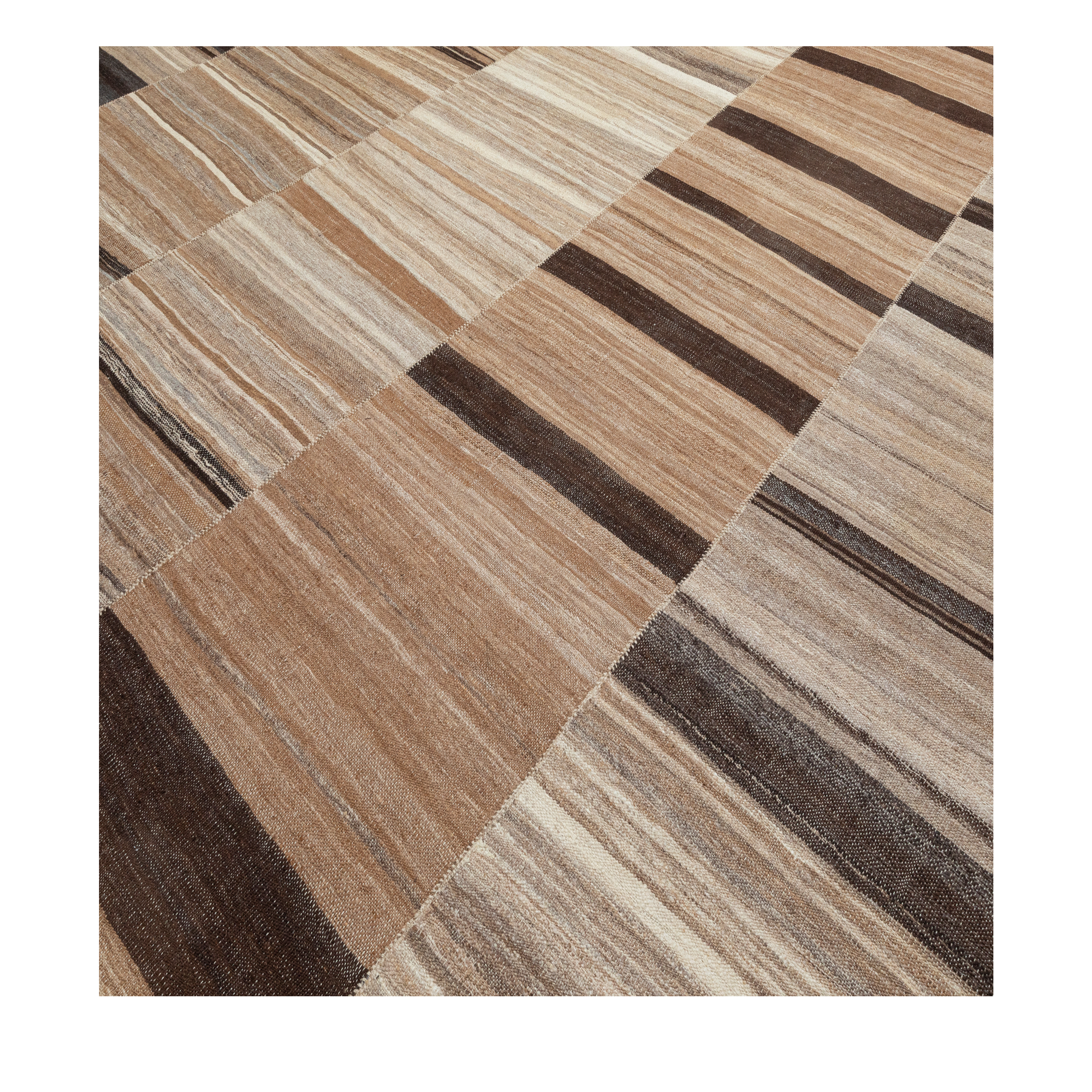 Mazandaran custom hand woven flat weave in Brown with layered neutral stripes and contemporary design by Nasiricarpets
