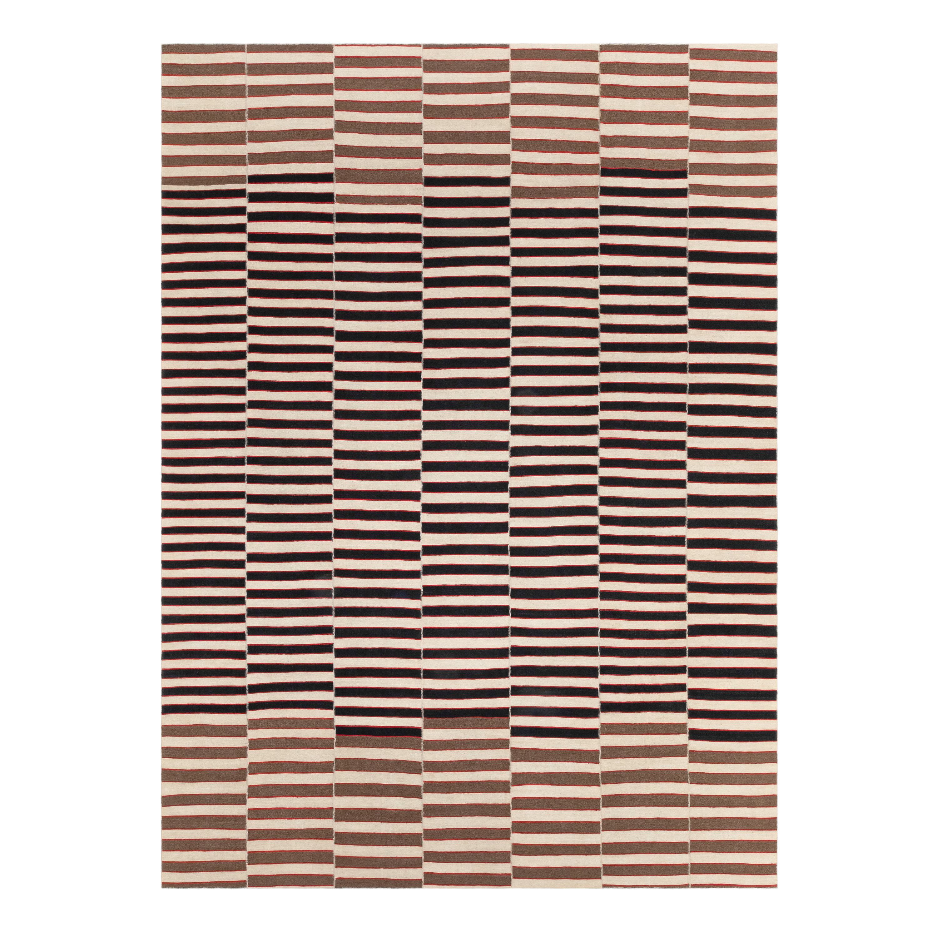 Mazandaran custom hand woven flat weave in Black & Beige with bold striped contemporary design by Nasiricarpets