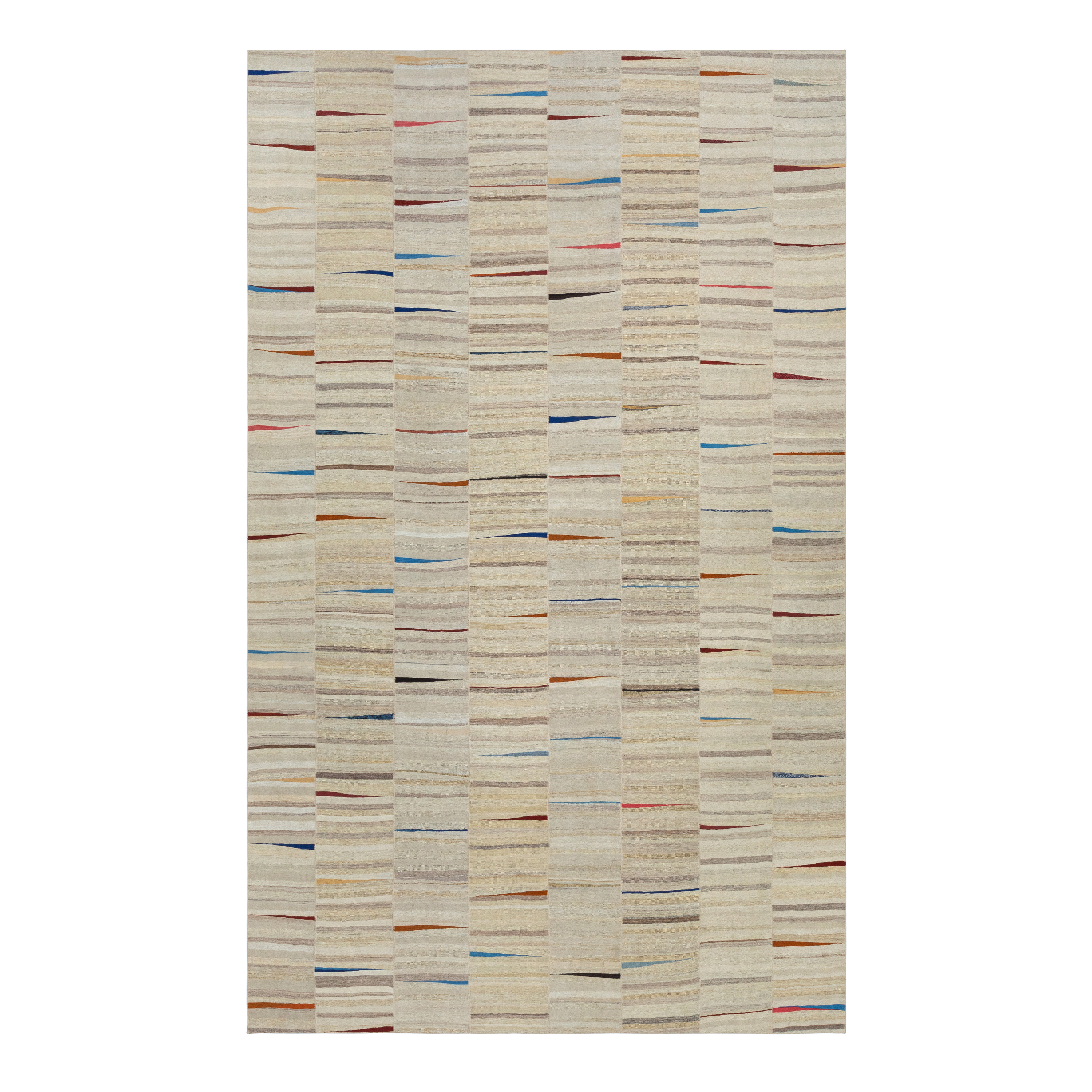 Mazandaran custom hand woven flat weave in Beige with subtle striped design and colorful accents by Nasiricarpets