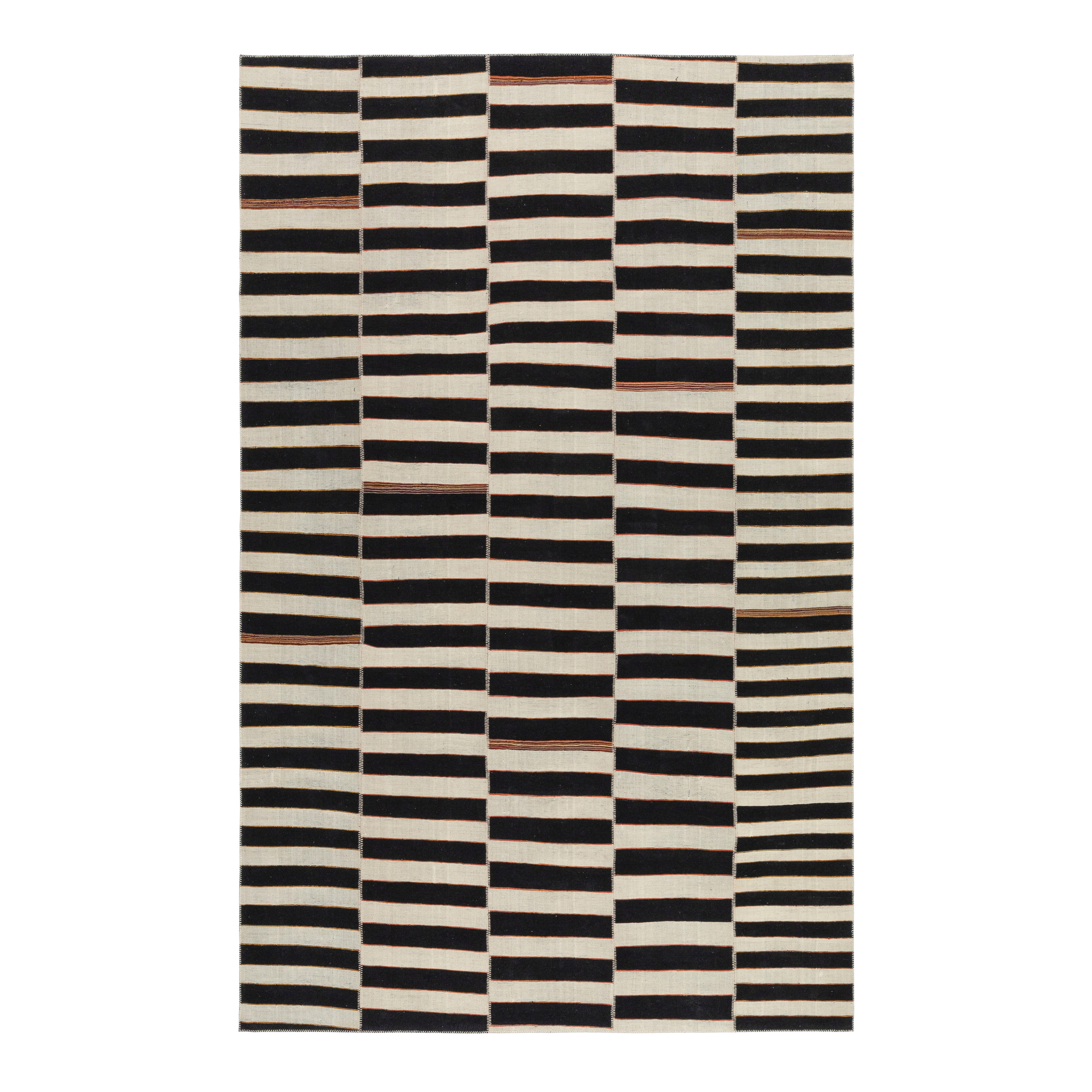 Mazandaran custom hand woven flat weave in Black & Beige with bold striped contemporary design by Nasiricarpets