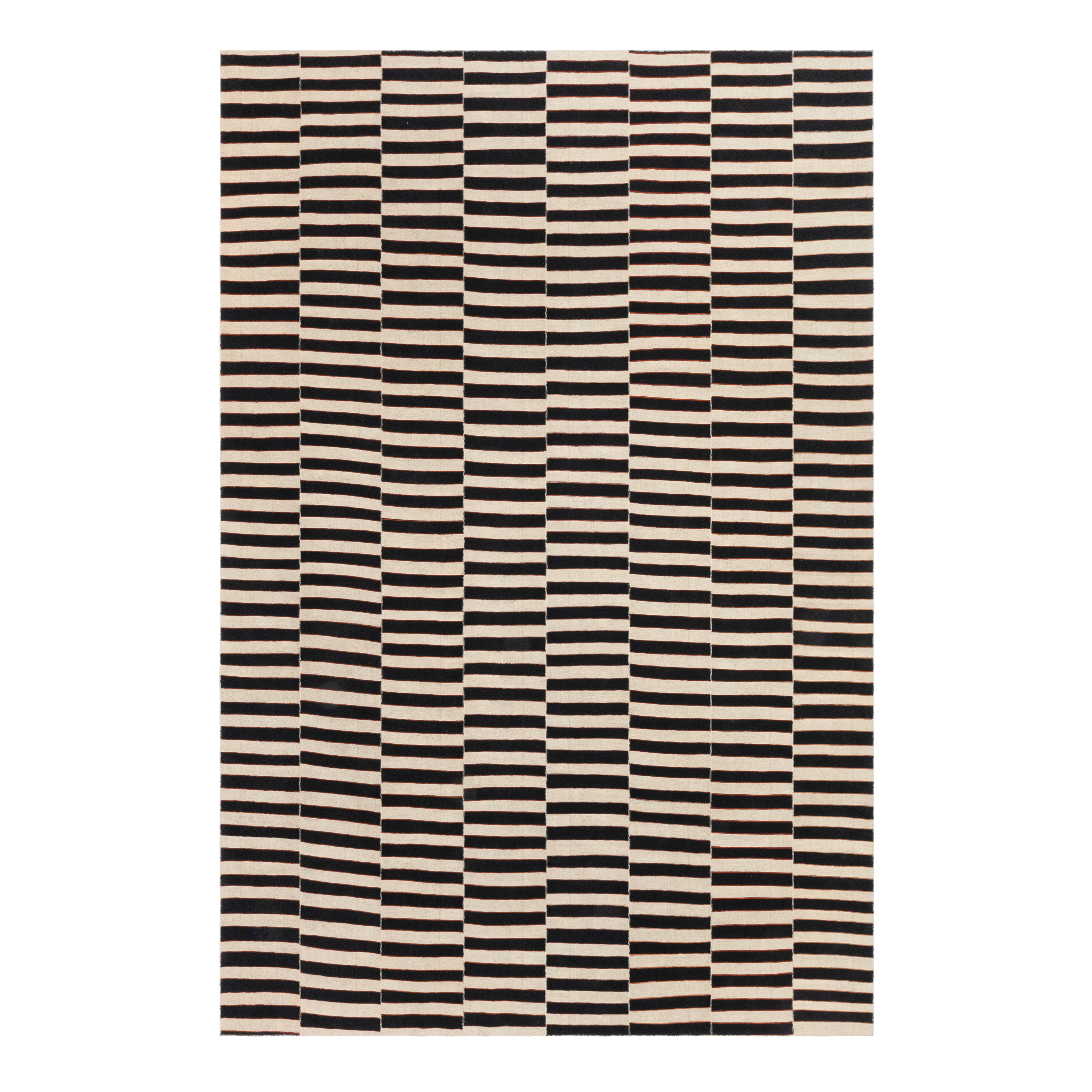 Mazandaran custom hand woven Black & Beige flat weave with bold striped contemporary design by Nasiricarpets