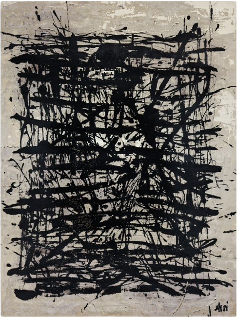 A Beautiful Mess custom hand-knotted Black & White carpet by Isabel Marina in Tibetan wool and Chinese silk, Nasiricarpets