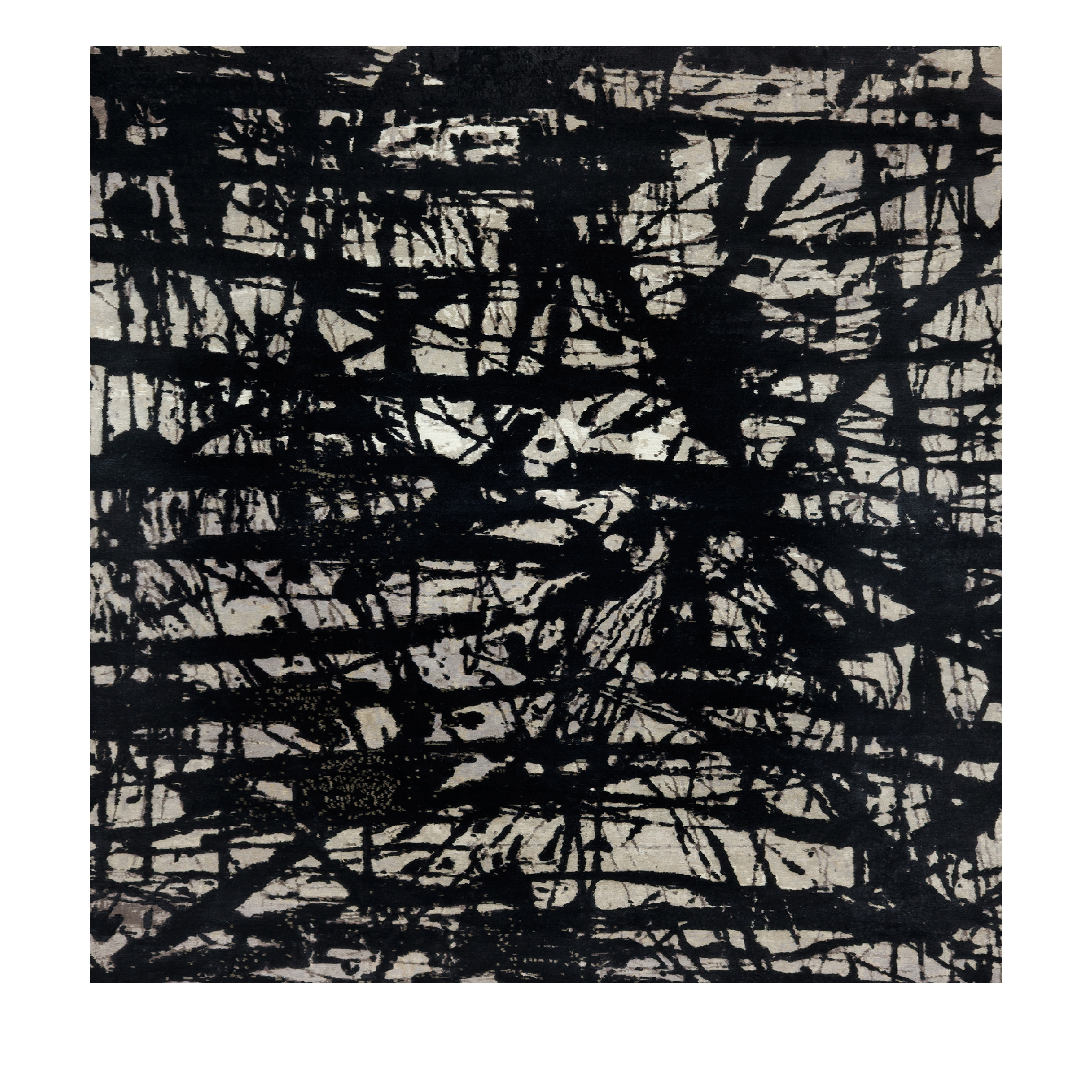 A Beautiful Mess custom hand-knotted Black & White carpet by Isabel Marina in Tibetan wool and Chinese silk, Nasiricarpets