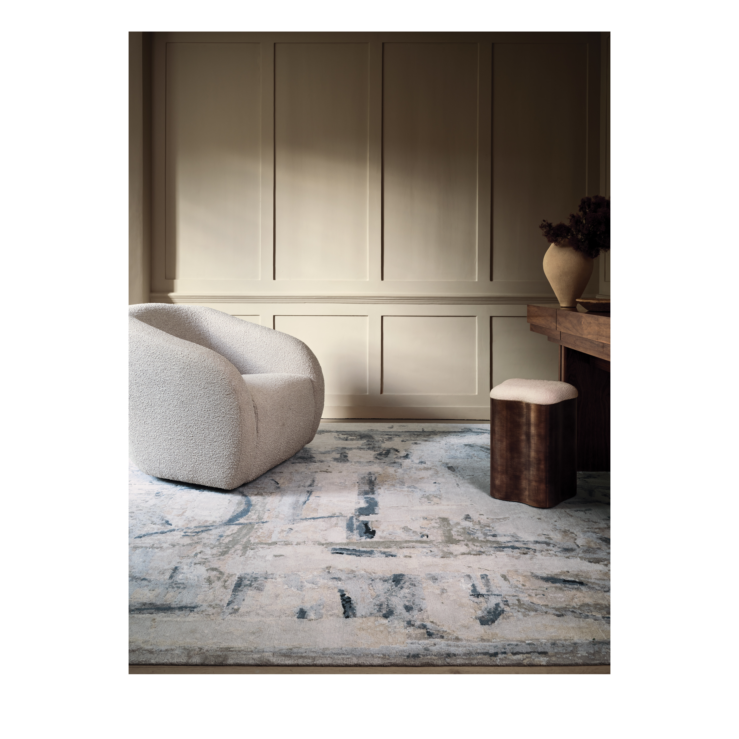 Serene custom hand-knotted Blue & Silver carpet by Isabel Marina in Tibetan wool and Chinese silk, Nasiricarpets