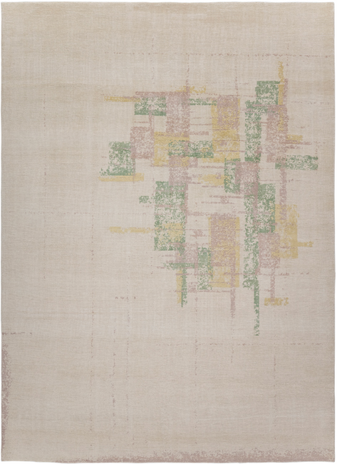 Gotham custom hand-knotted modern carpet in beige with abstract blush, sage green and gold accents by Nasiricarpets