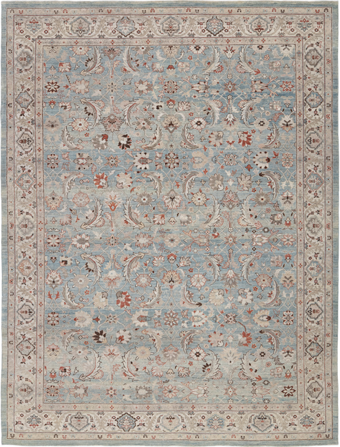 Sultanabad custom hand-knotted traditional carpet in soft blue and ivory with intricate floral and botanical motifs by Nasiricarpets