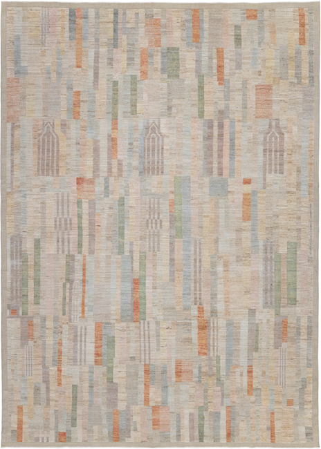Lumen custom hand-knotted modern carpet with muted multicolor geometric design by Nasiricarpets