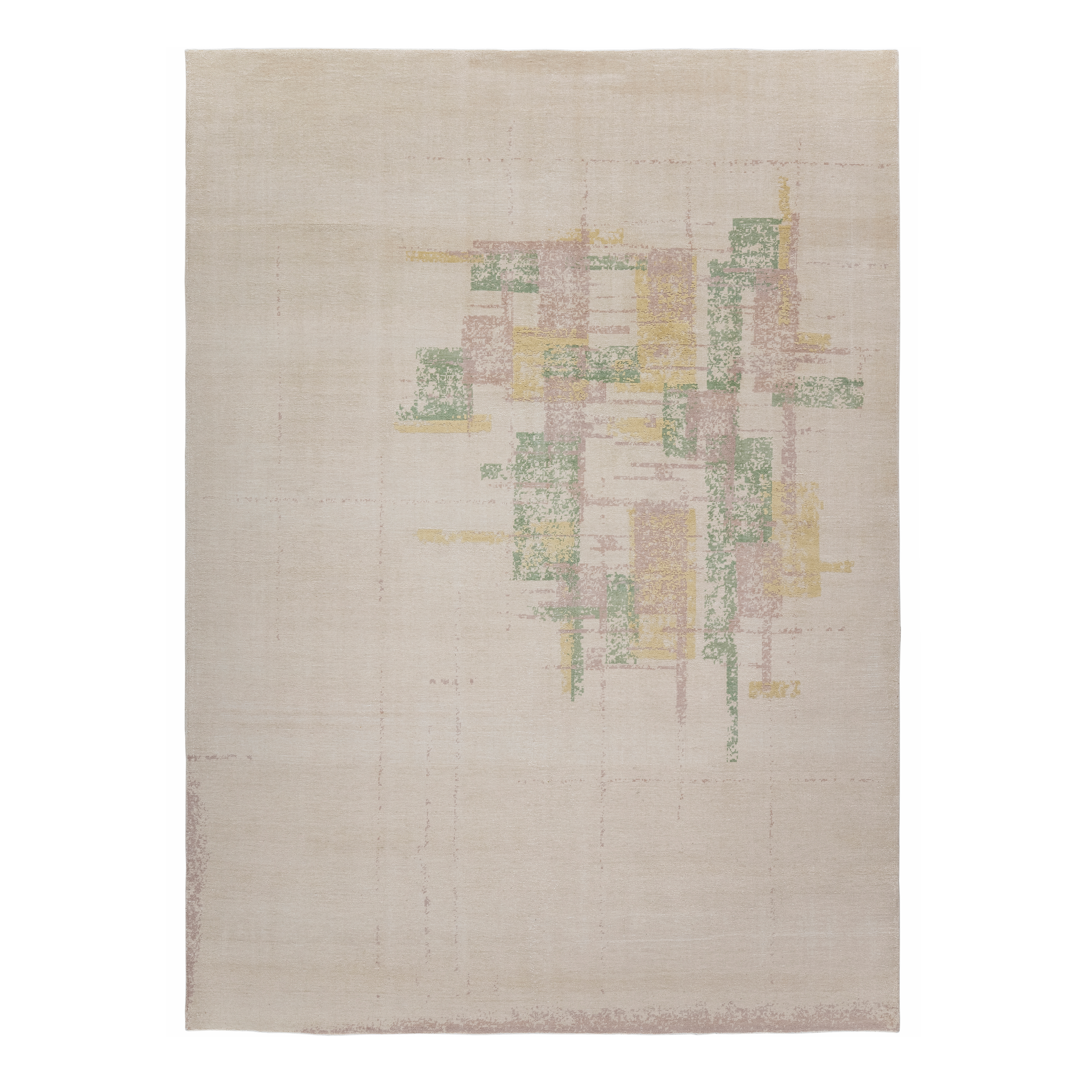 Gotham custom hand-knotted modern carpet in beige with abstract blush, sage green and gold accents by Nasiricarpets