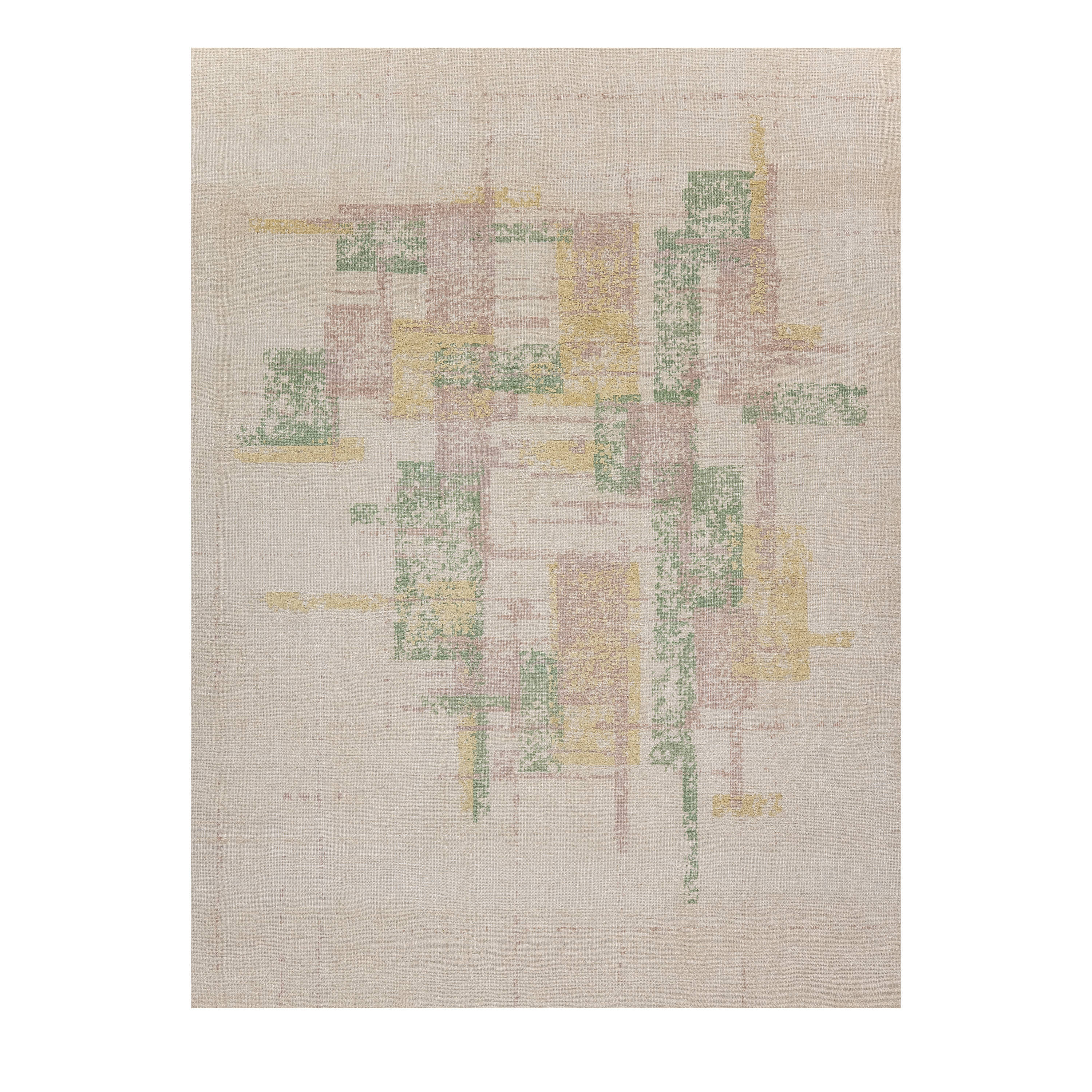 Gotham custom hand-knotted modern carpet in beige with abstract blush, sage green and gold accents by Nasiricarpets