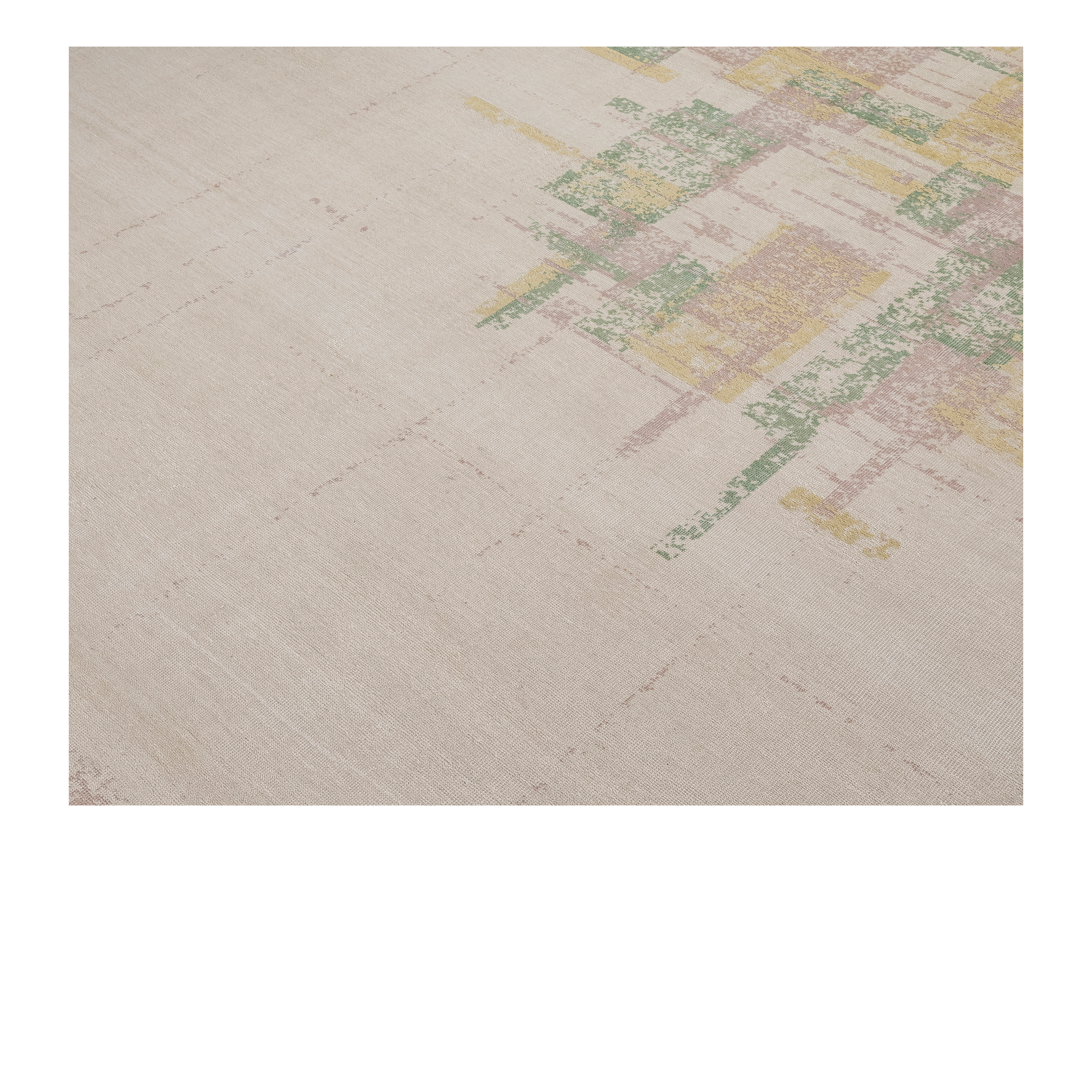 Gotham custom hand-knotted modern carpet in beige with abstract blush, sage green and gold accents by Nasiricarpets