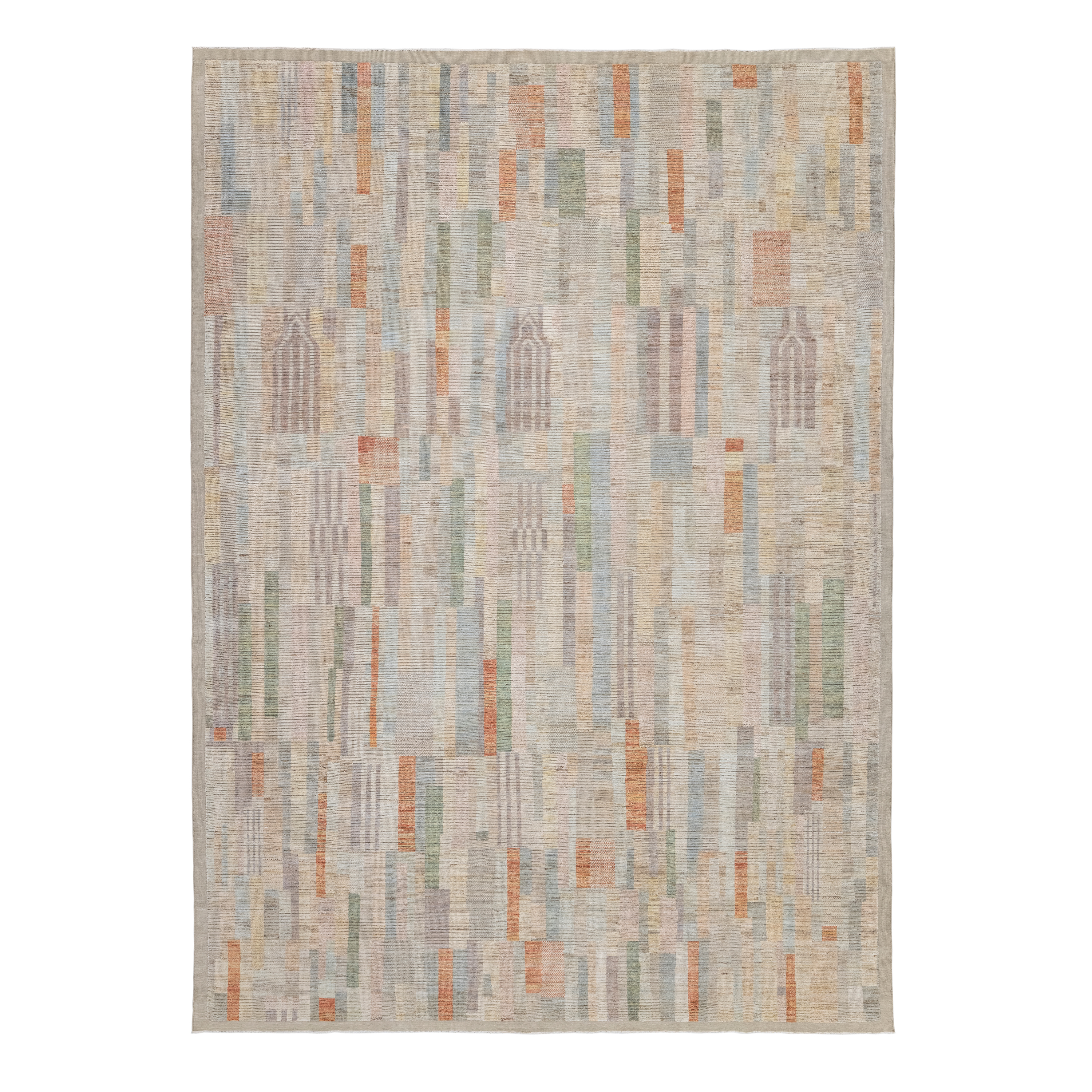 Lumen custom hand-knotted modern carpet with muted multicolor geometric design by Nasiricarpets