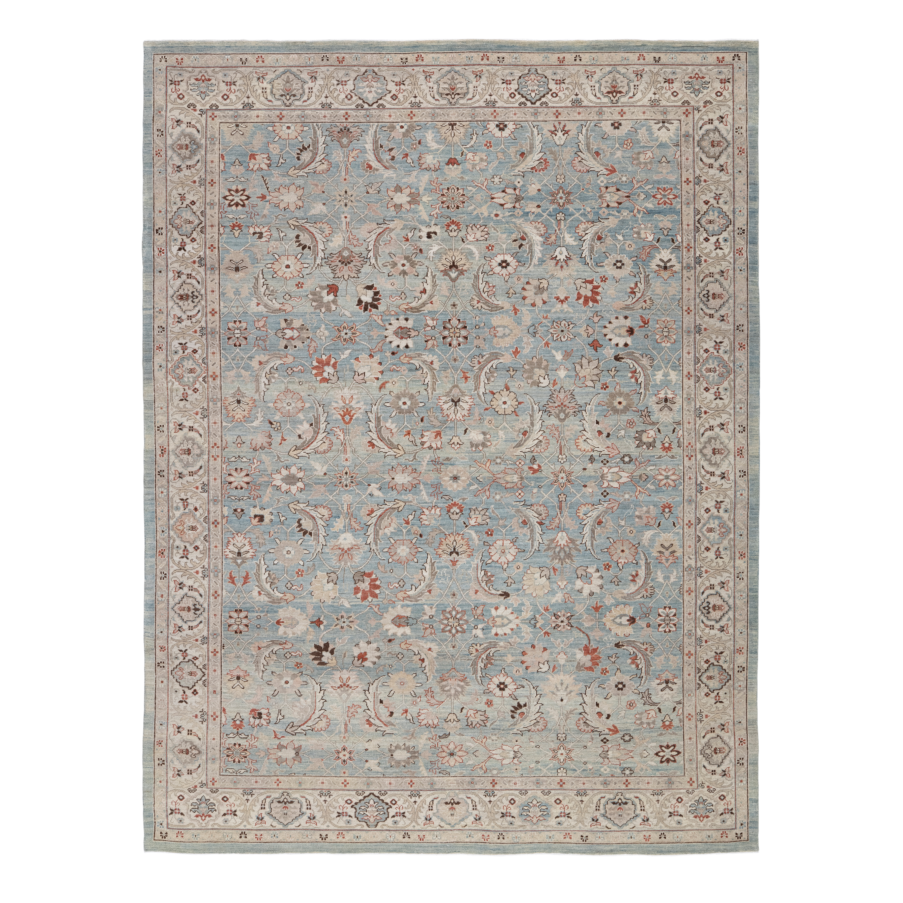 Sultanabad custom hand-knotted traditional carpet in soft blue and ivory with intricate floral and botanical motifs by Nasiricarpets