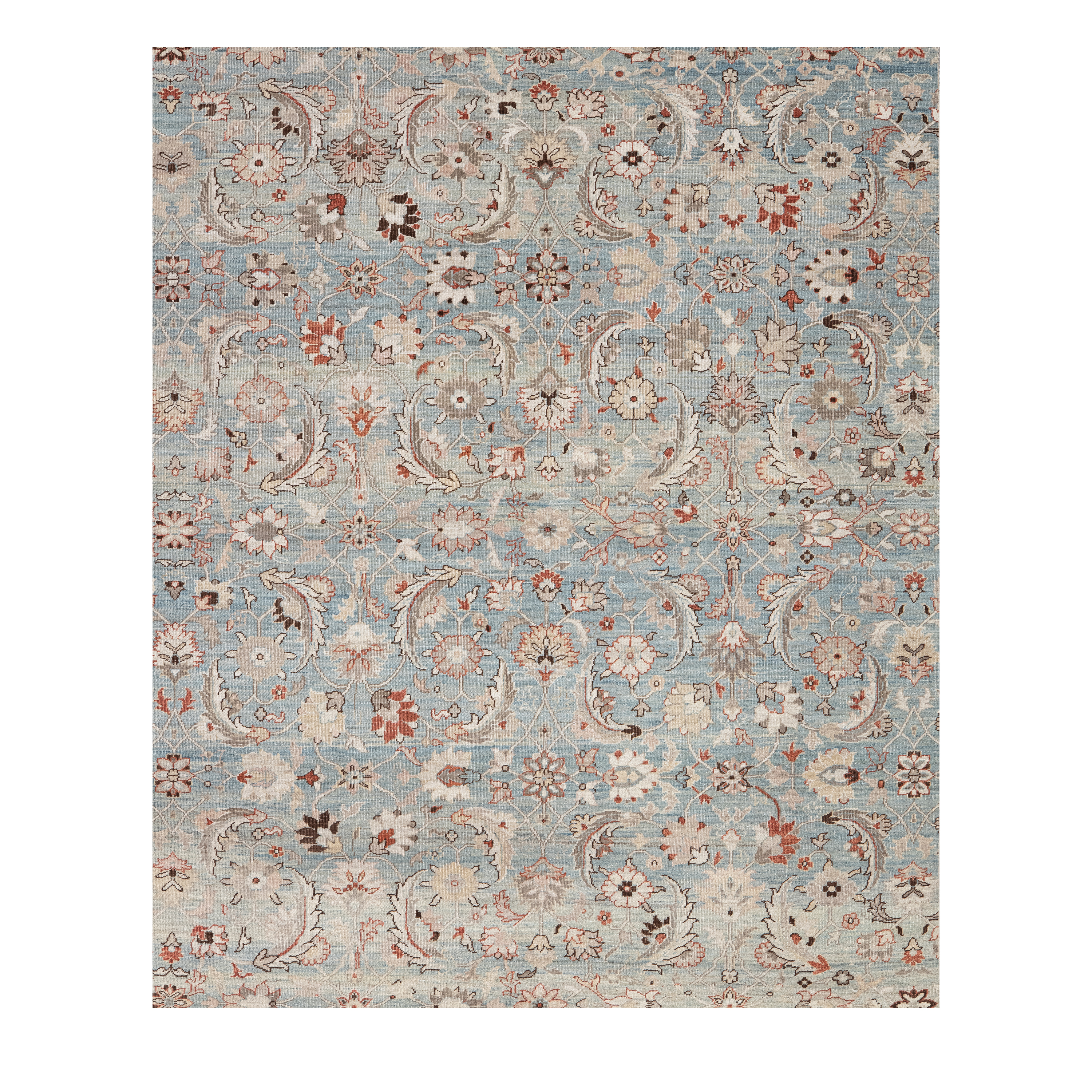 Sultanabad custom hand-knotted traditional carpet in soft blue and ivory with intricate floral and botanical motifs by Nasiricarpets
