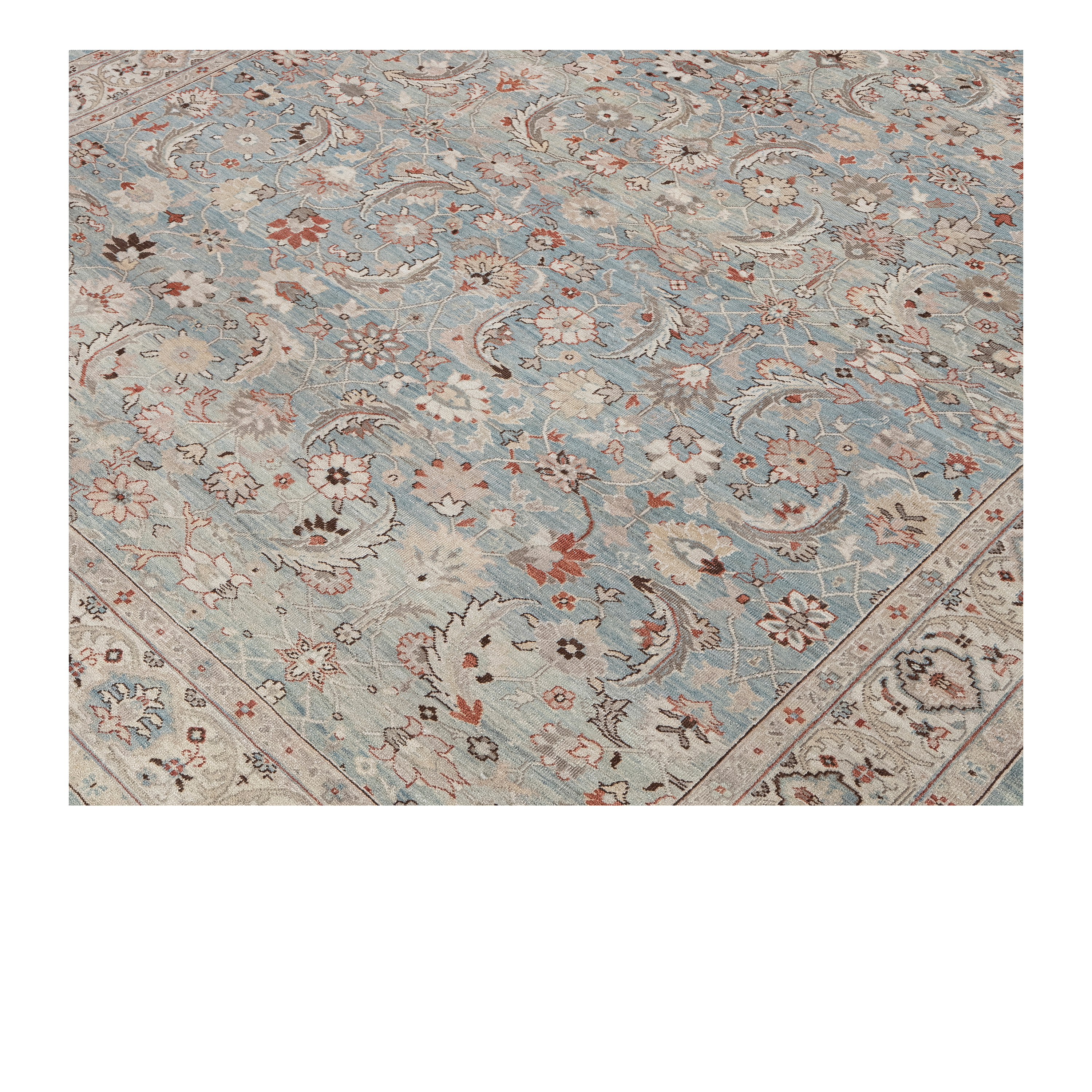 Sultanabad custom hand-knotted traditional carpet in soft blue and ivory with intricate floral and botanical motifs by Nasiricarpets