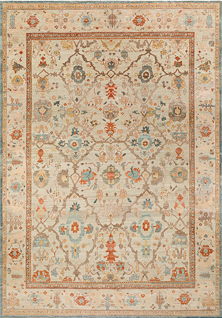 Sultanabad custom hand-knotted traditional carpet in beige with intricate floral motifs, terracotta and turquoise accents by Nasiricarpets