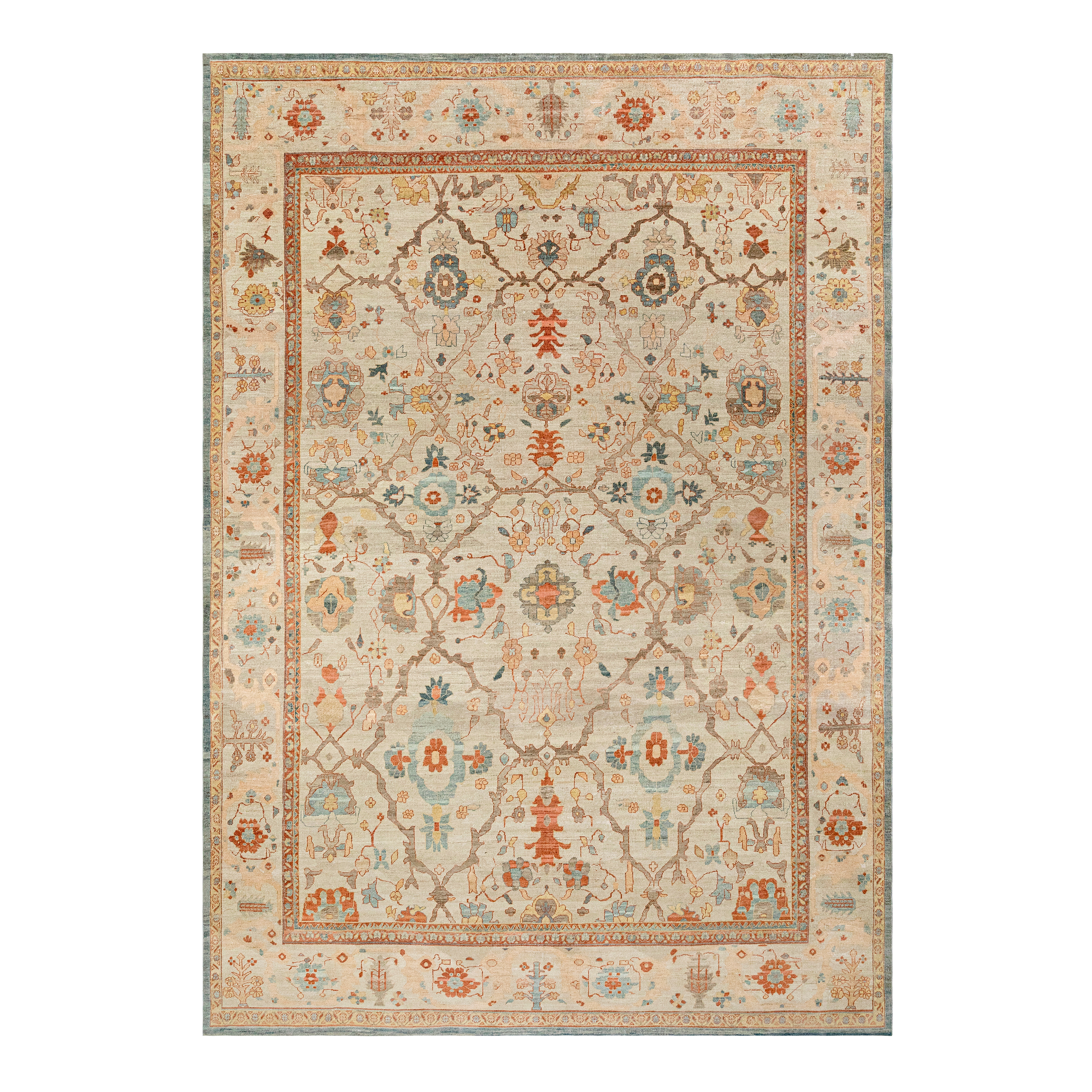 Sultanabad custom hand-knotted traditional carpet in beige with intricate floral motifs, terracotta and turquoise accents by Nasiricarpets