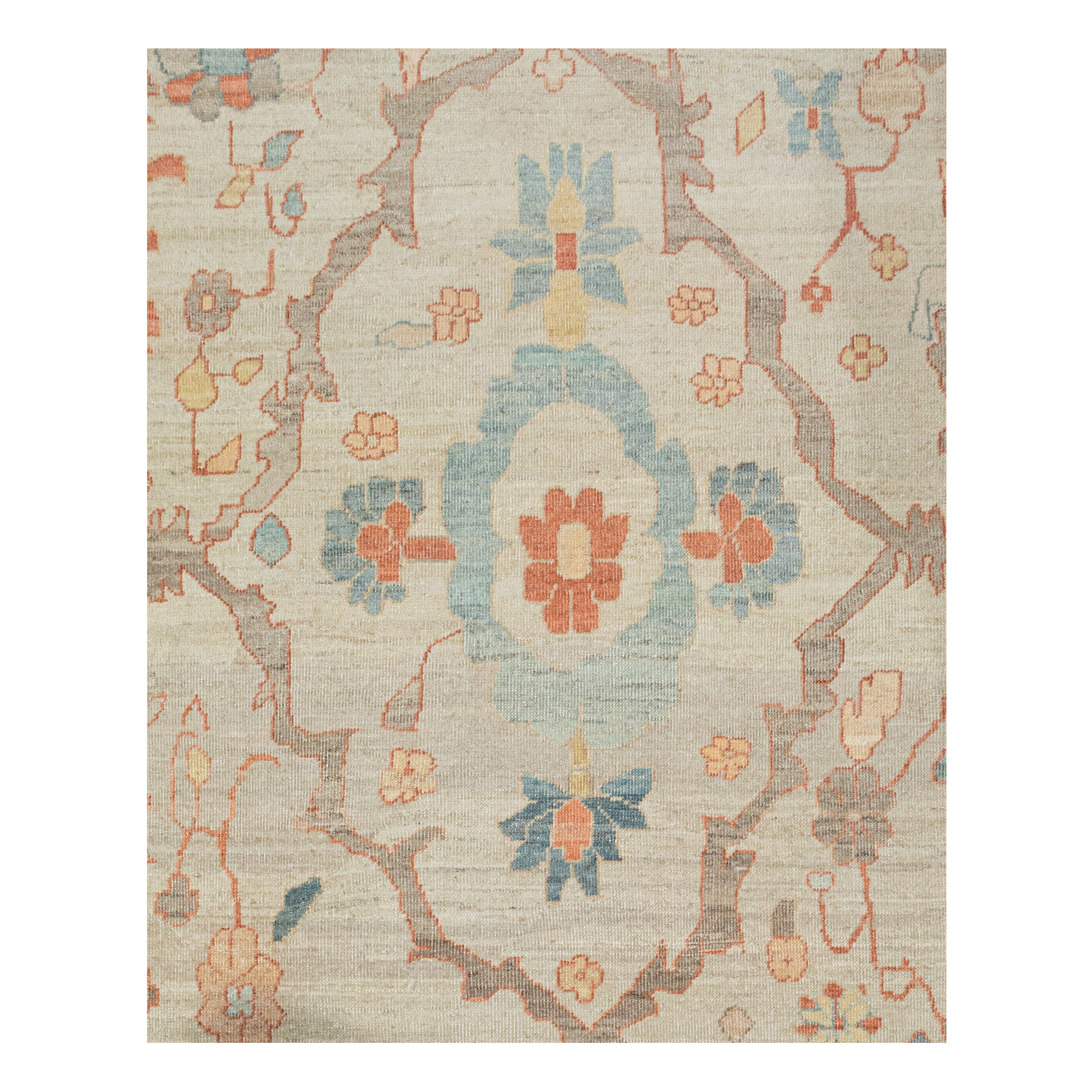 Sultanabad custom hand-knotted traditional carpet in beige with intricate floral motifs, terracotta and turquoise accents by Nasiricarpets