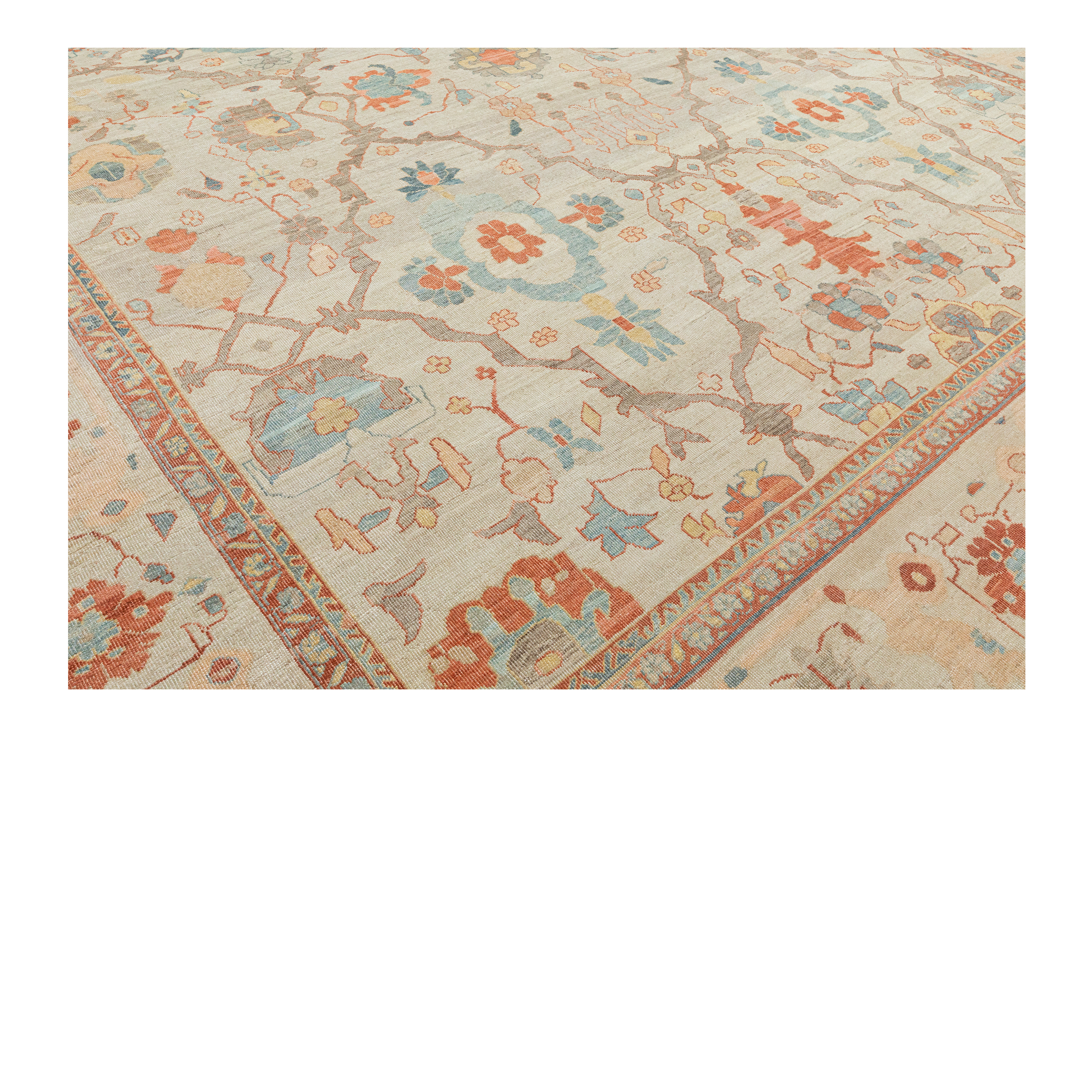 Sultanabad custom hand-knotted traditional carpet in beige with intricate floral motifs, terracotta and turquoise accents by Nasiricarpets