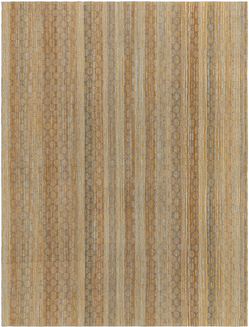 Charmo custom hand-woven gold flatweave featuring intricate vertical geometric patterns in warm golden, beige, and taupe tones by Nasiricarpets