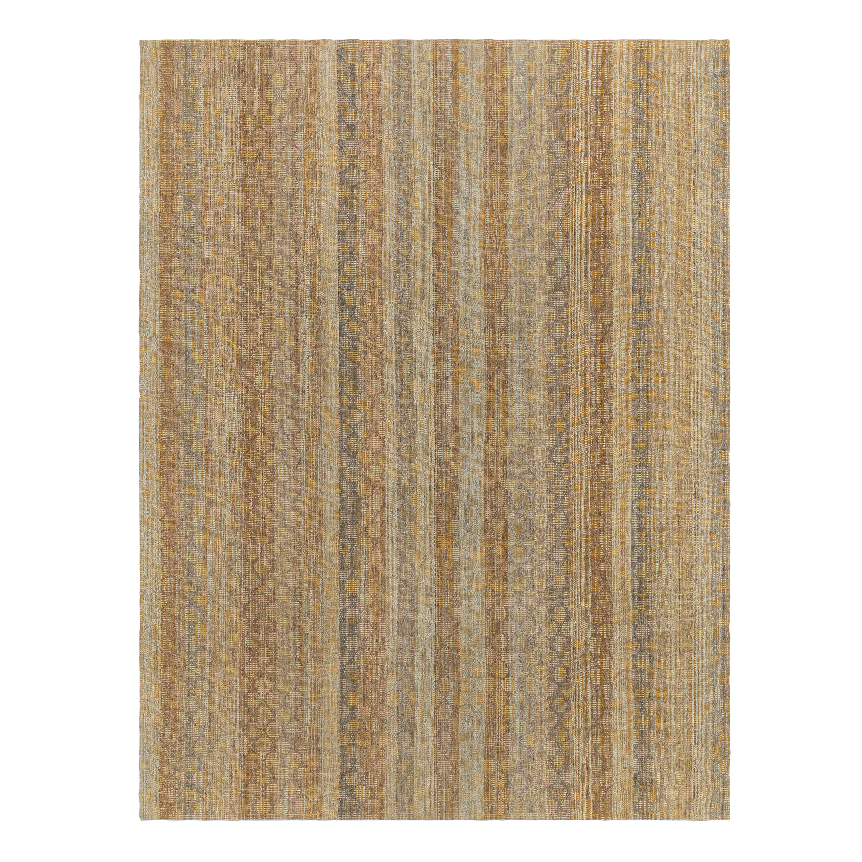 Charmo custom hand-woven gold flatweave featuring intricate vertical geometric patterns in warm golden, beige, and taupe tones by Nasiricarpets