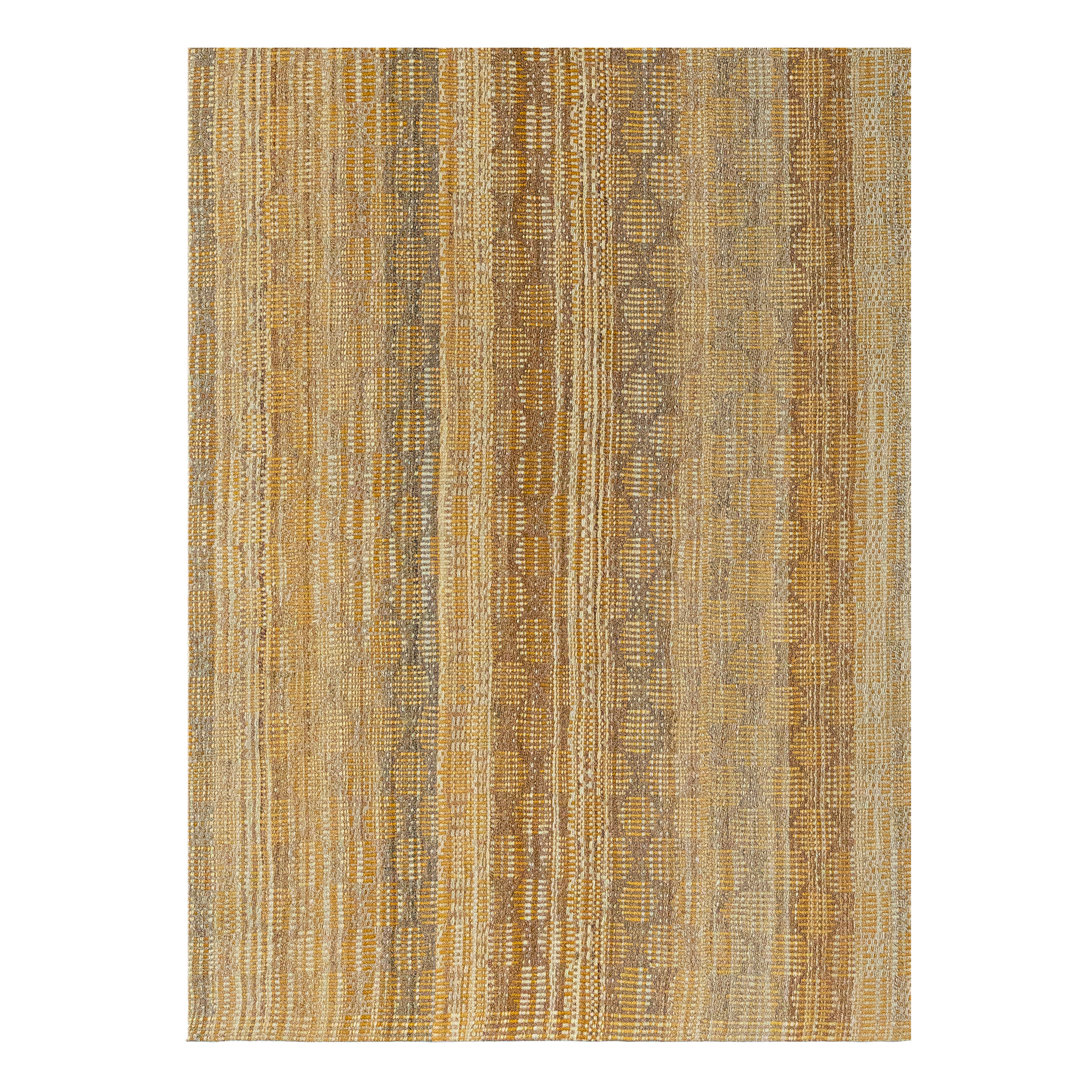 Charmo custom hand-woven gold flatweave featuring intricate vertical geometric patterns in warm golden, beige, and taupe tones by Nasiricarpets