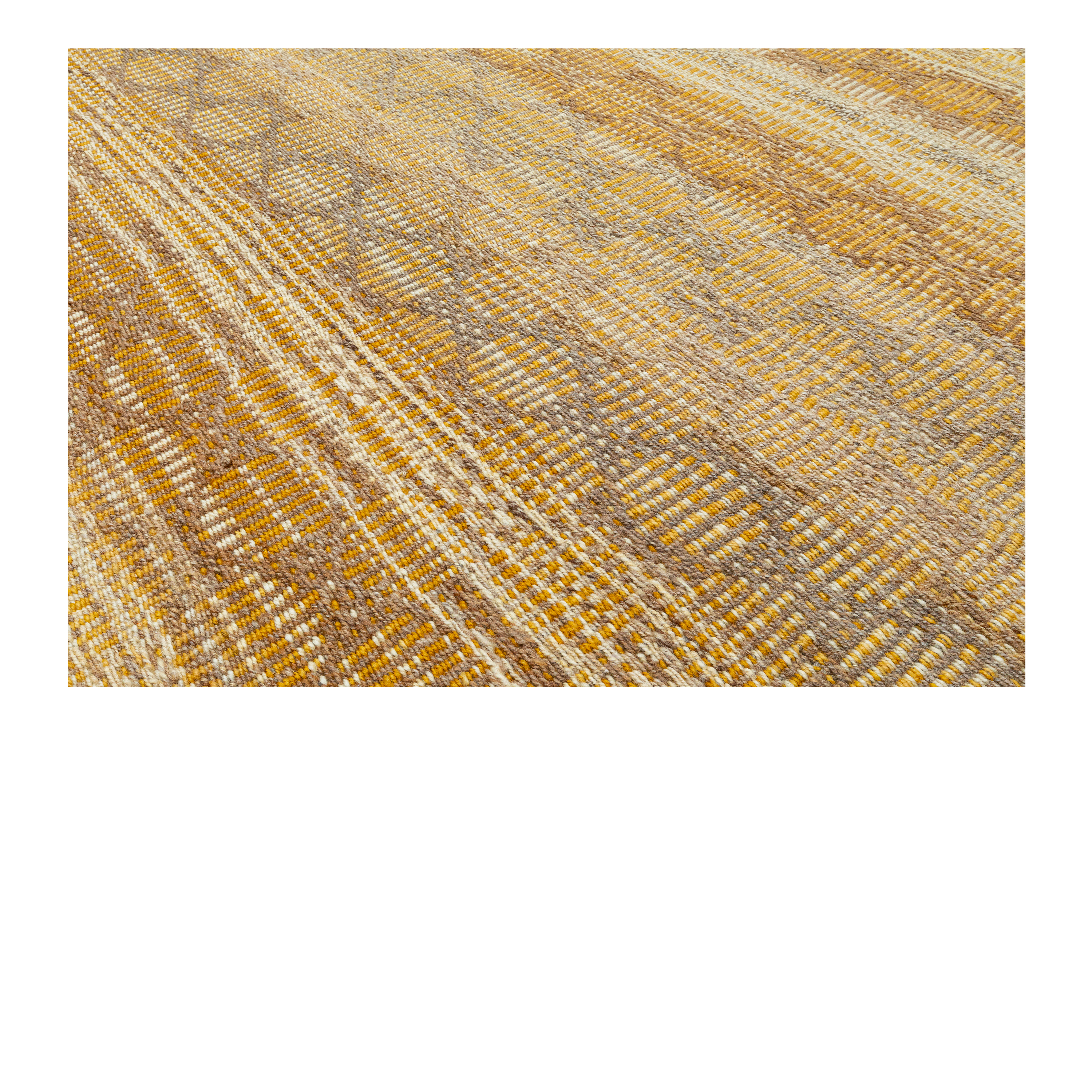 Charmo custom hand-woven gold flatweave featuring intricate vertical geometric patterns in warm golden, beige, and taupe tones by Nasiricarpets
